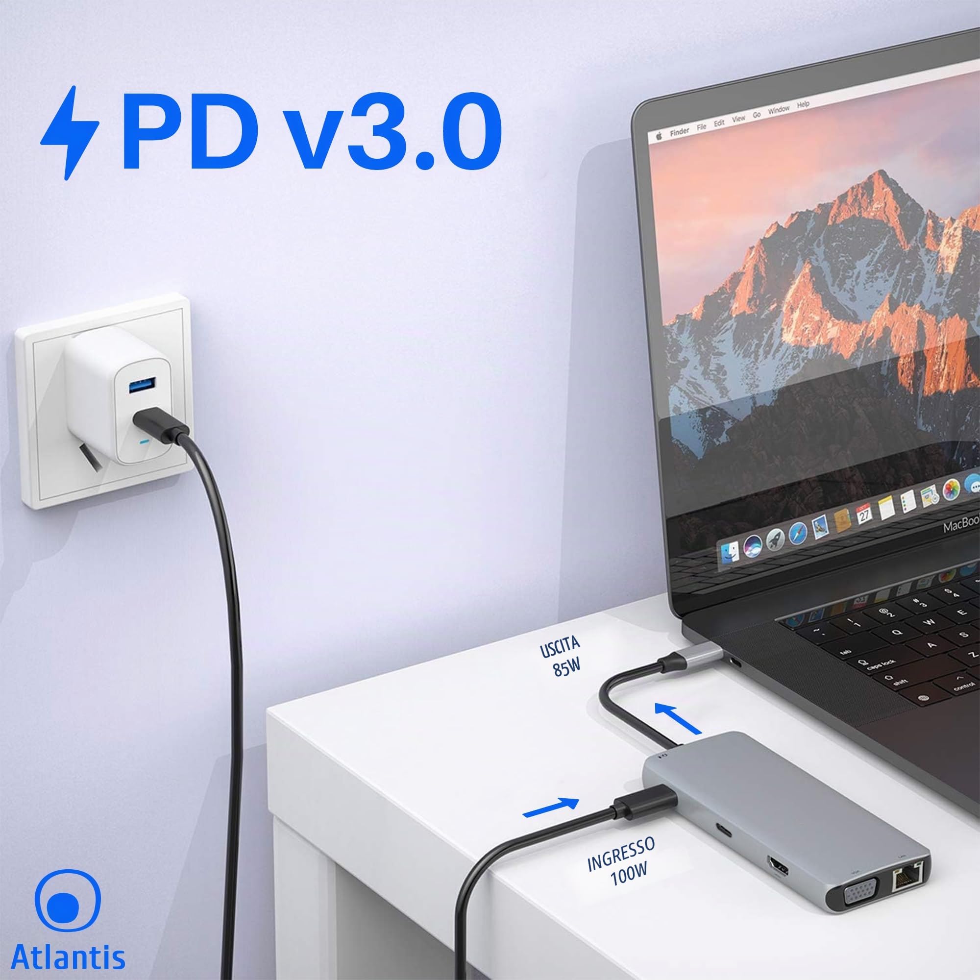 Atlantis Docking Station USB-C con HDMI 4K, VGA e LAN Gigabit, PD 85W | 3porte USB 3.0, 1 porta USB-C, audio IN/OUT 3,5 mm, lettore schede, cavo 18 cm, per notebook, cod. A04-TC_DK46
