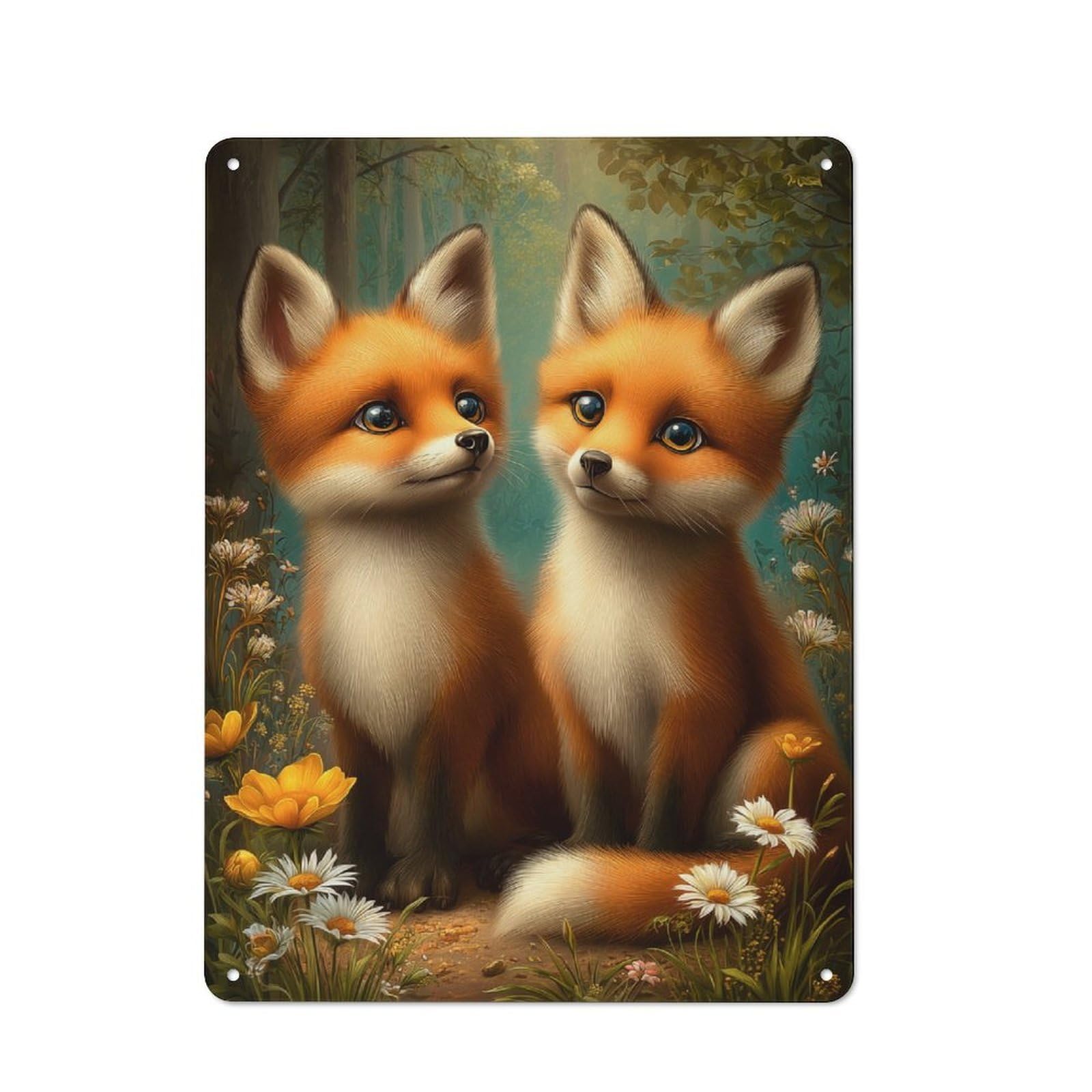 Junmoney Style-18 Metal Wall Sign 40X30cm Featuring Two Cute Fox Cubs In Forest For Workshop Wall, For Room Styling Across Workshops And Hobby Rooms