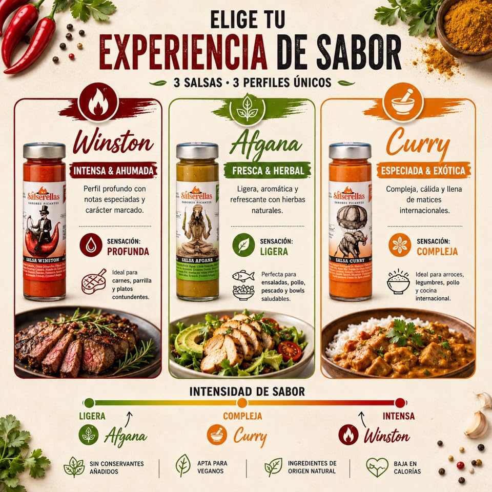 Pack 3 Salsas Picantes Gourmet Salserellas (Afgana, Winston y Curry) | Variedad de Sabores con Jalapeño | Ingredientes Naturales con Aceite de Oliva | Ideal para Carnes, Tacos, BBQ y Regalo Foodie