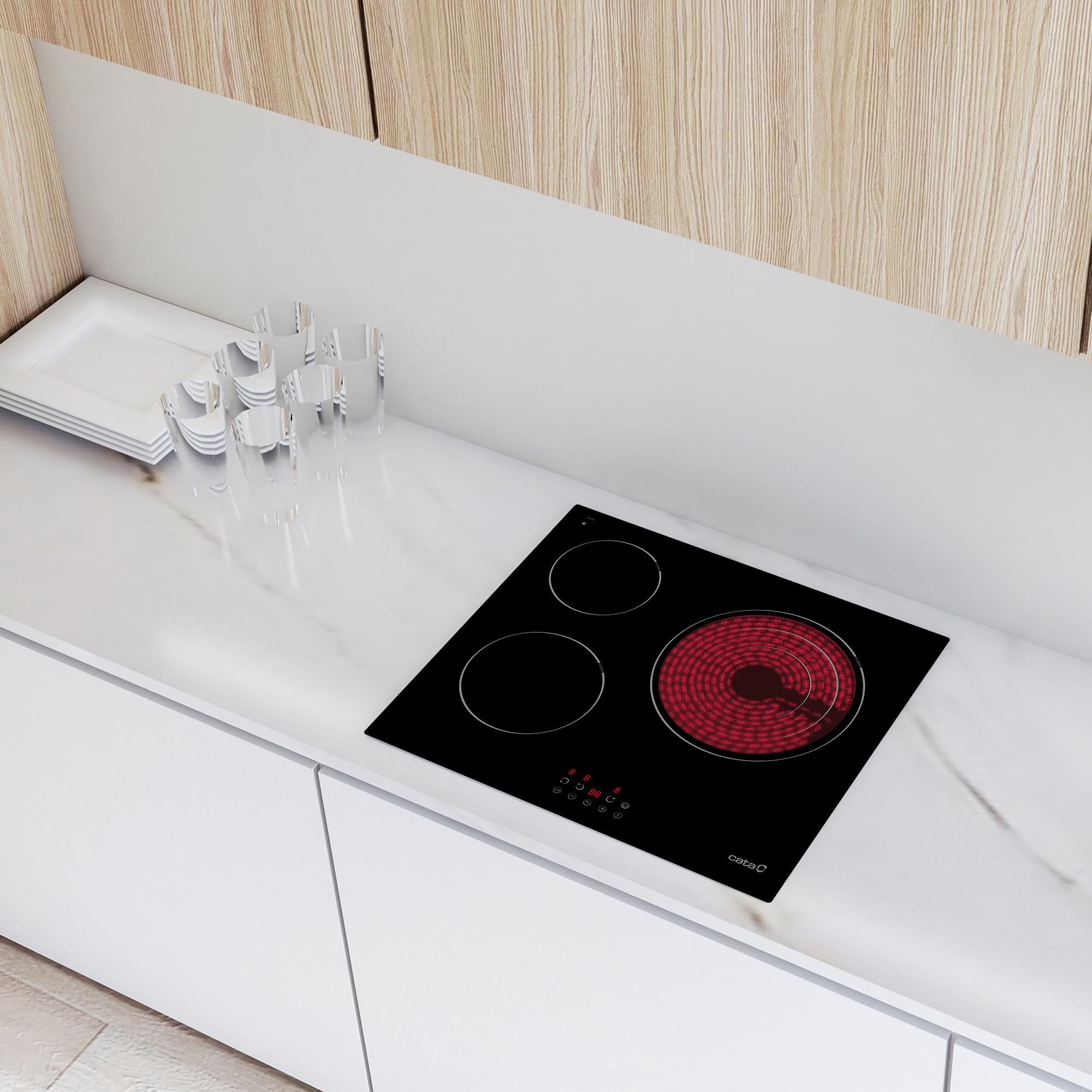 Cata Placa Vitrocerámica TZD 603/G con 3 Zonas de Cocción Hight Light y una Zona Gigante Triple con 9 Niveles de Potencia. Ancho de 59 cm con Desconexión automática y Bloqueo Infantil, Negra