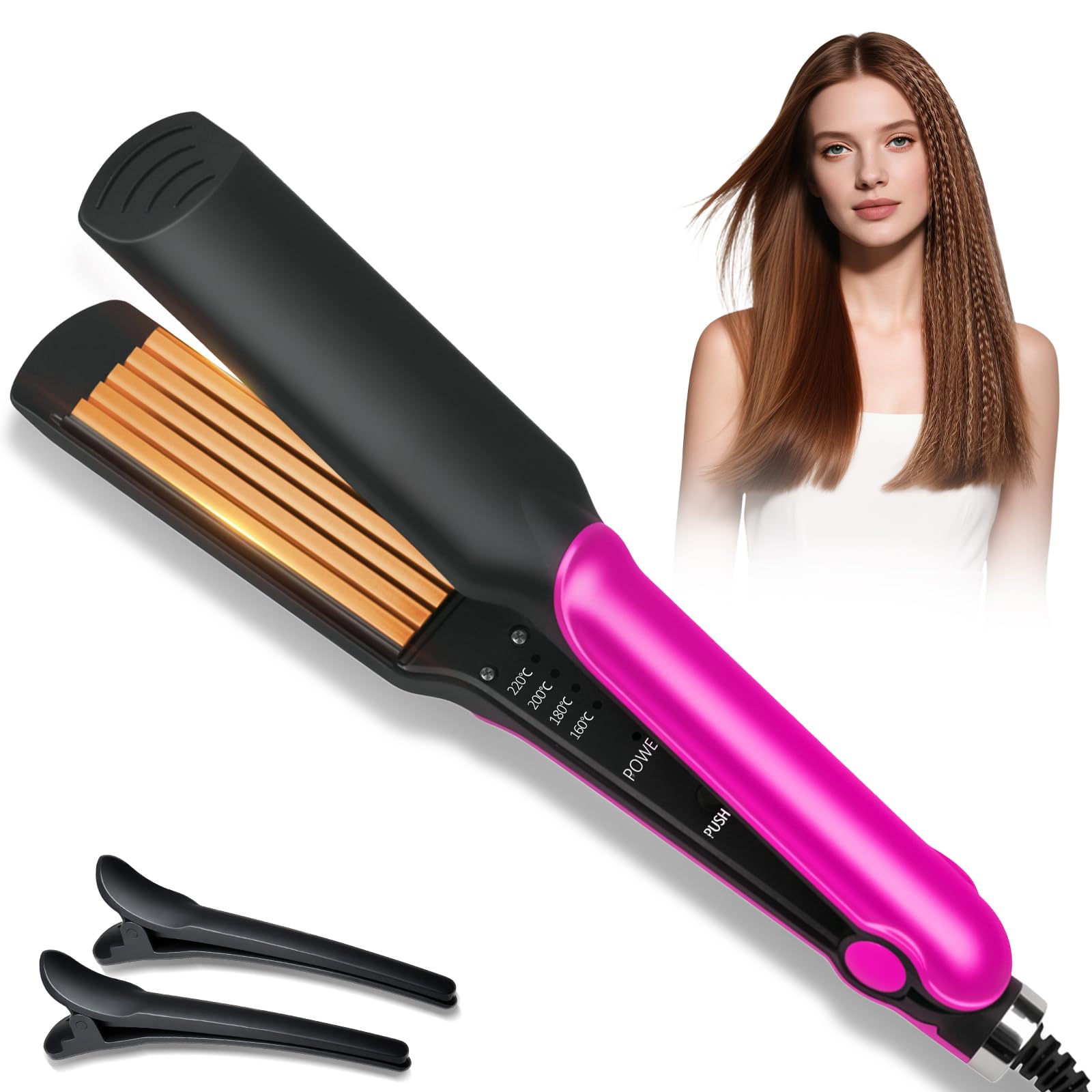 Anti-Scald Hair Crimper for Volumizing, Wide Plate Hair Waver with 4 Temperatures, Styling Tools for Root Lifting for Women and Girls