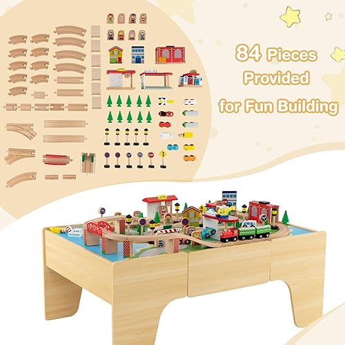 Miniatura 5 de INFANS Train Table with Storage, 84 Pieces Wooden Kids Activity Toy Table Playset with Reversible Detachable Tabletop, Tracks, Train, Railway, City