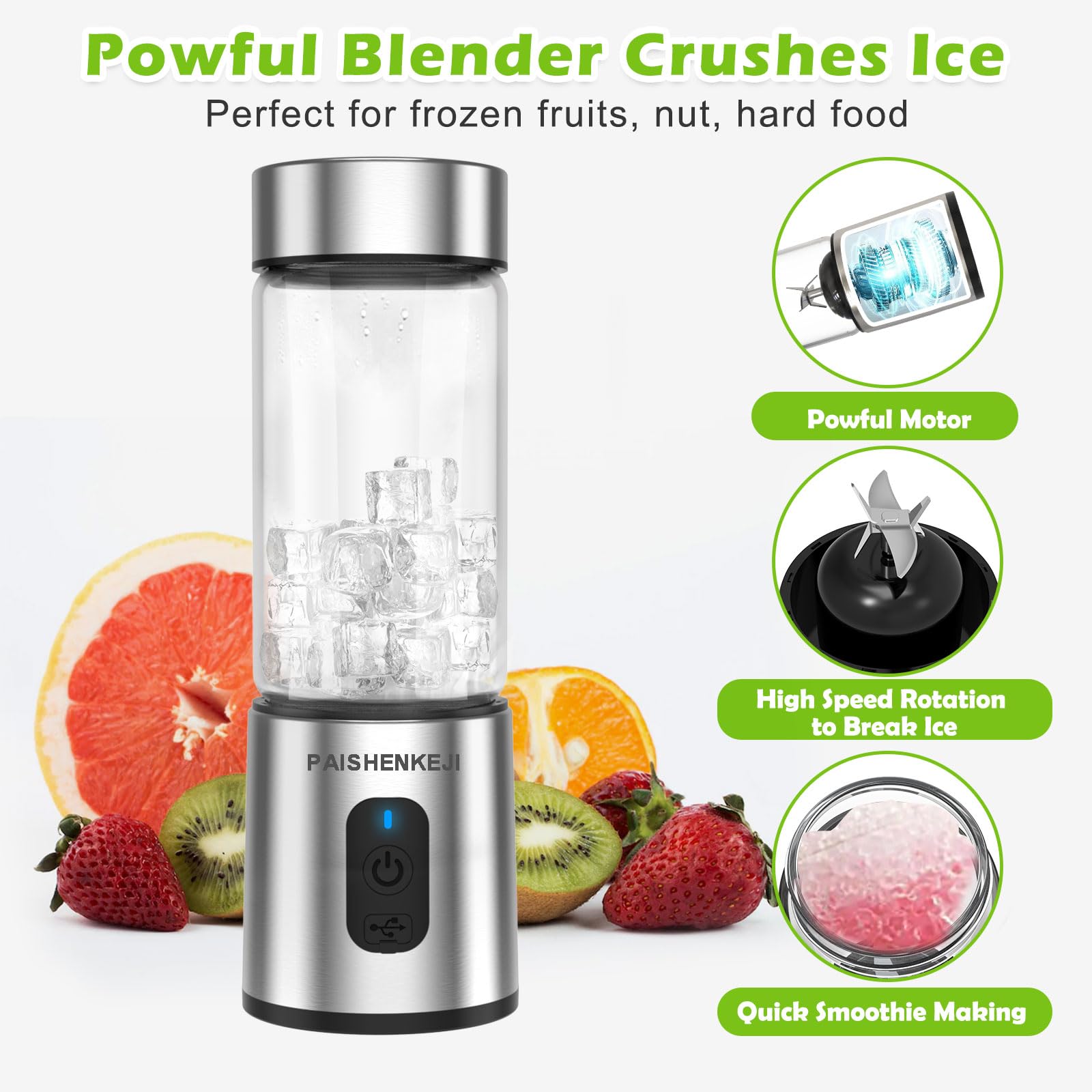 Frullatore portatile in vetro per frullati e frappè: frullatore personale per frullati per tritare ghiaccio e frutta congelata, Mini Blender da 400 ml ideale per frullato di ghiaccio e spremute