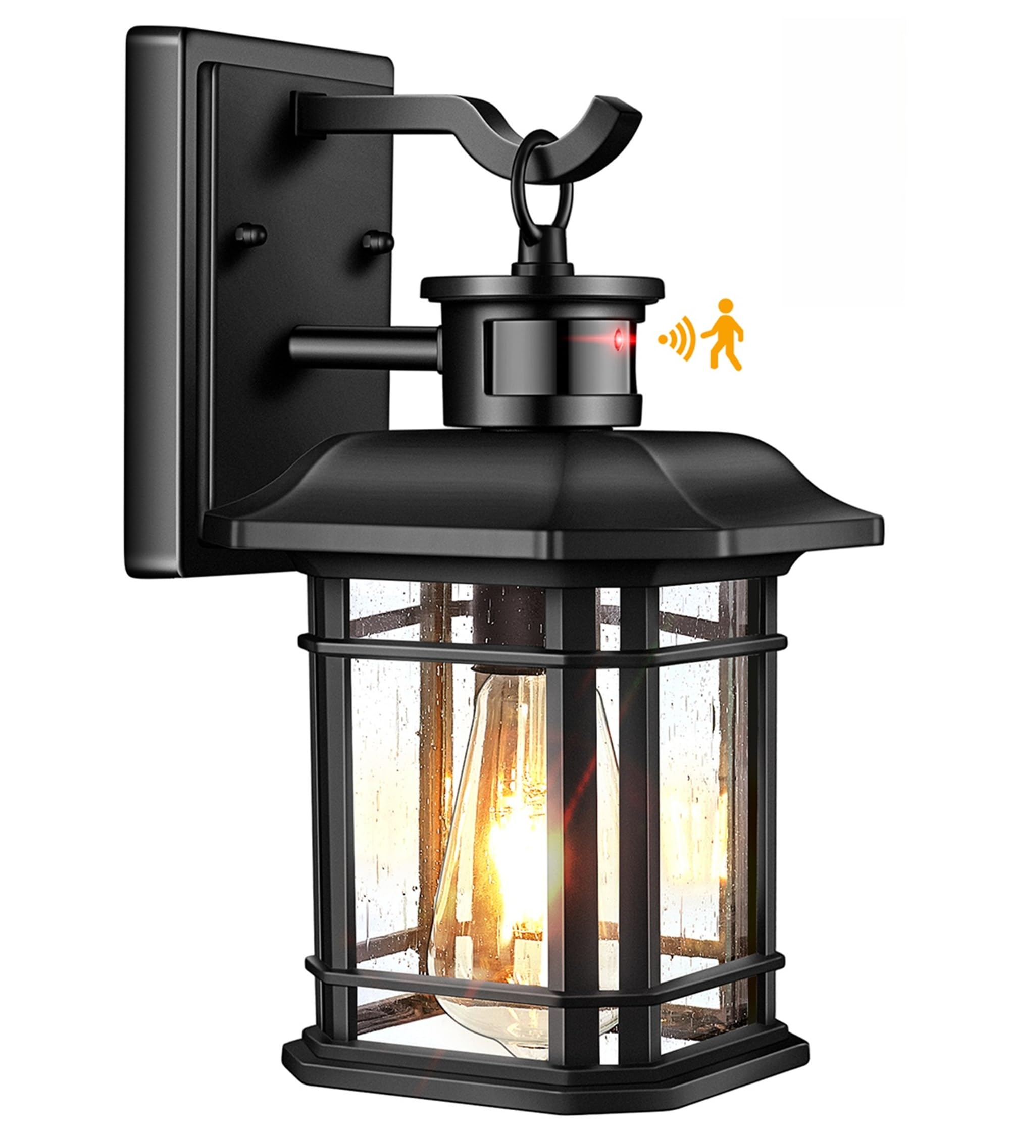 VIANIS Lampe Extérieur avec Détecteur De Mouvement, Applique Murale Exterieur 4 Modes avec Verre à Grains, Lanterne Exterieur Moderne Noir en Aluminium, Luminaire Extérieur Antirouille à Culot E27