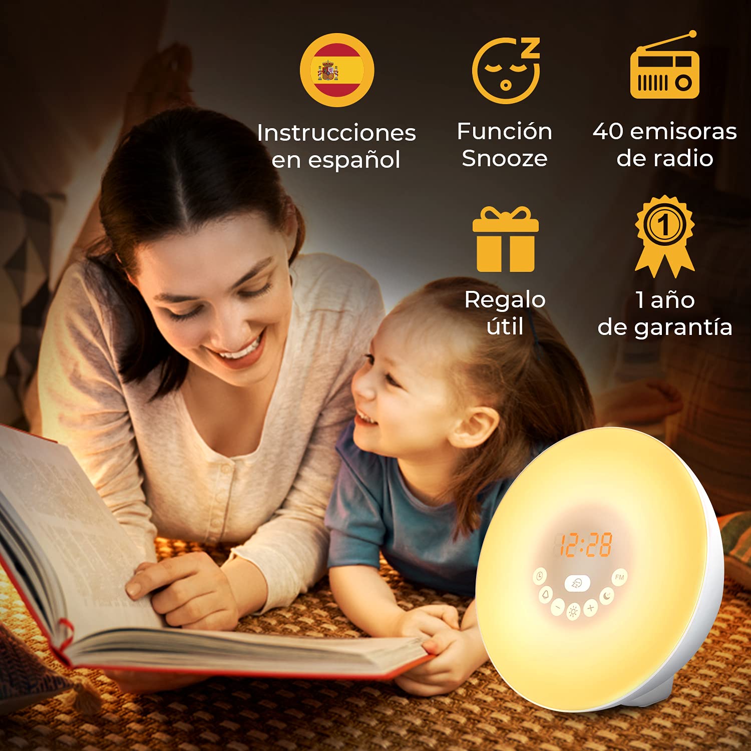 Simulador de amanecer para un despertar suave y luminoso - Descansa mejorcon el modo Noche Oscura - Experimenta mañanas más zen - Reloj Despertador con luz