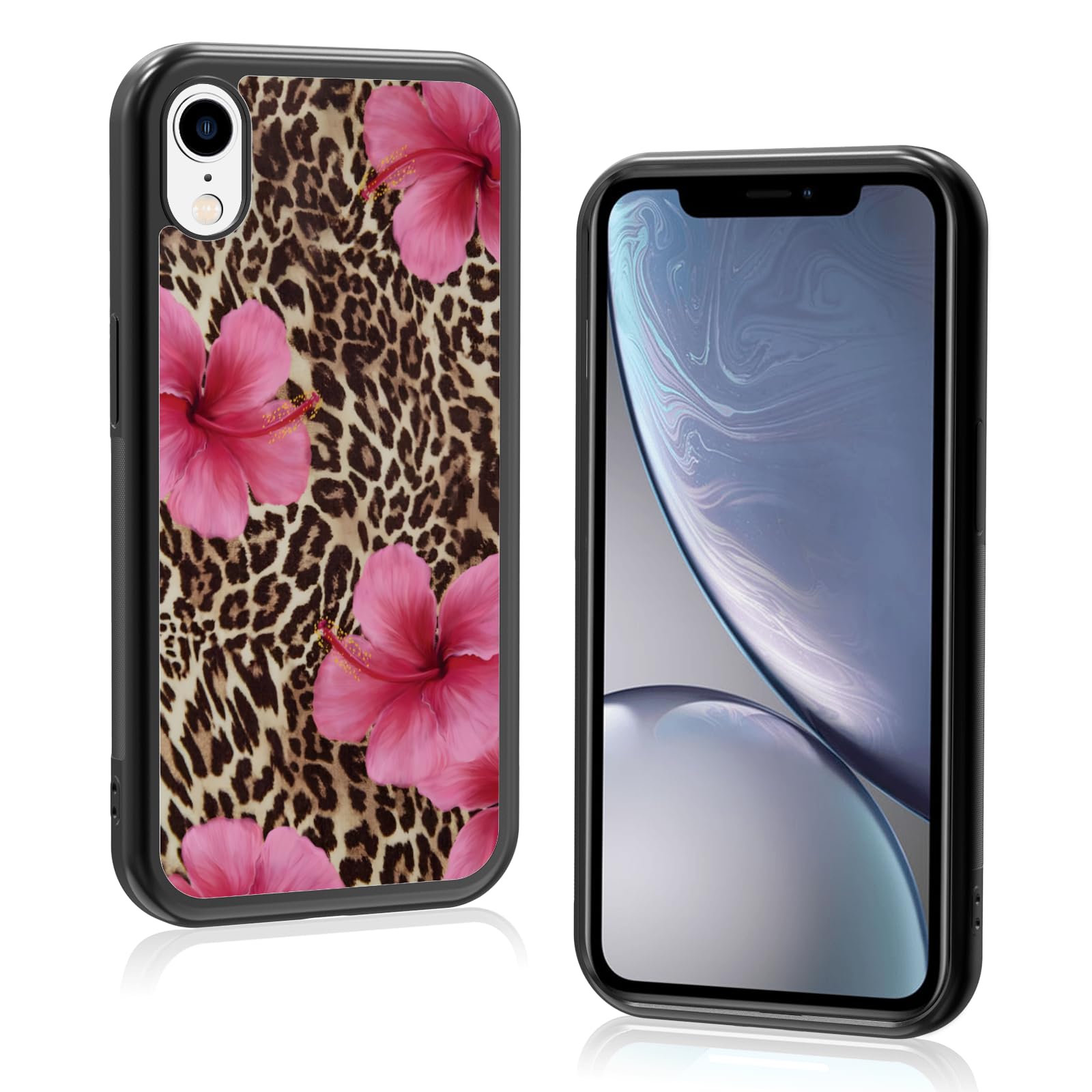 Axulimin Cute Pink Hibiscus Flowers Leopard Cheetah Print Aesthetic Phone Case for iPhone XR Case for Women Girls -6.1Inch
