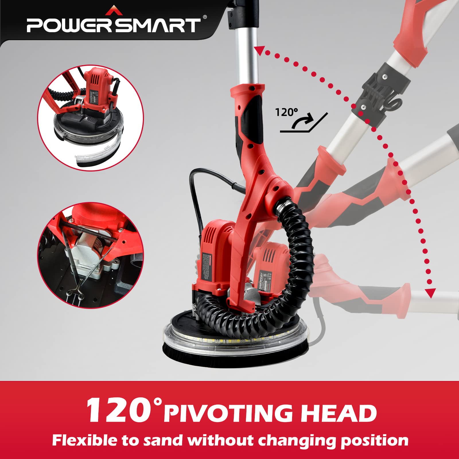 PowerSmart Drywall Sander, 1020W 8.5A Electric Drywall Sander With Vacuum Auto Dust Collection, Adjustable Speed 600-2600 RPM, LED Light, Extendable & Foldable Handle, 5 PCS Sanding Discs, Dust Bag