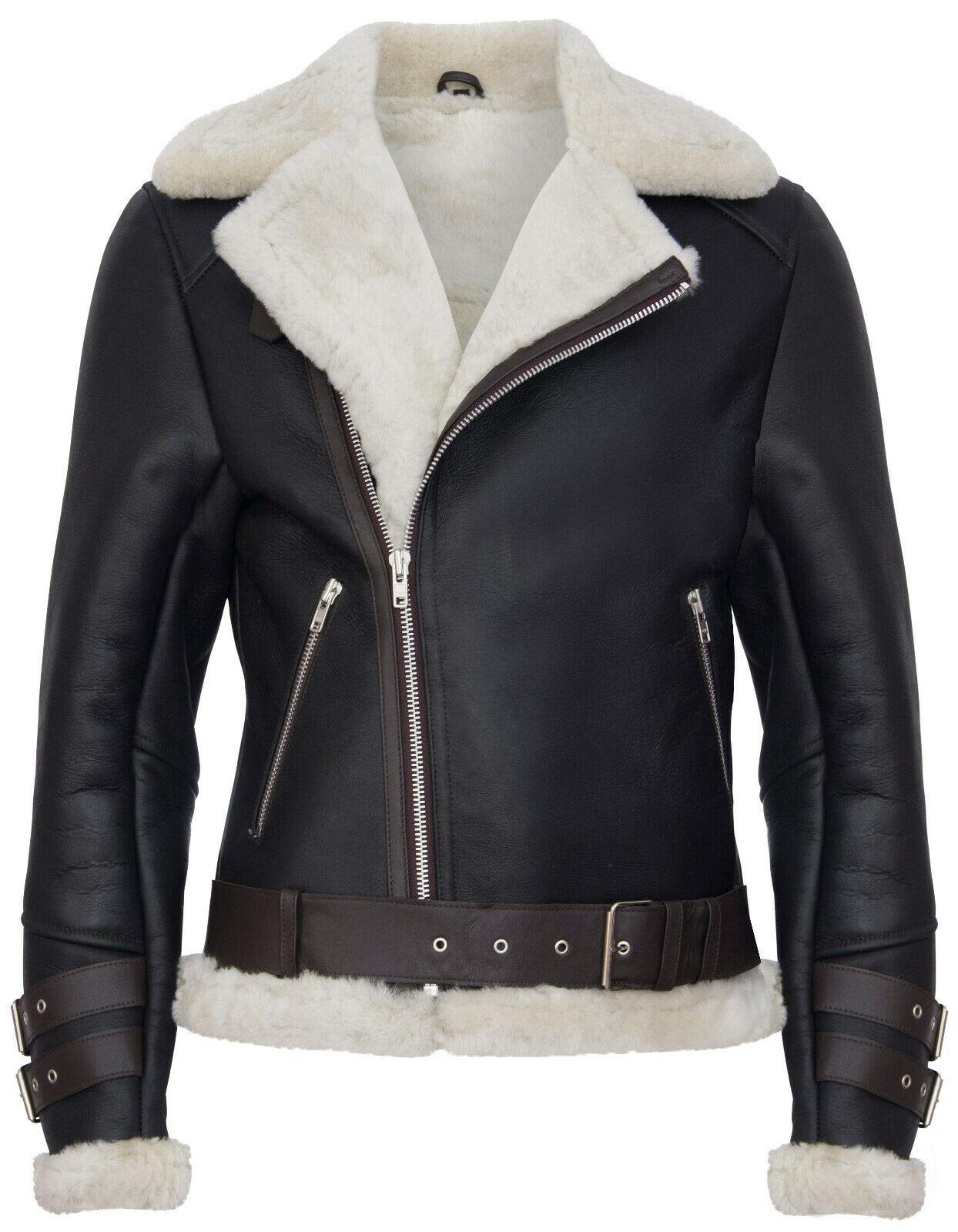 Infinity Leather Men's Brown Retro Raf B3 Pilot Real Sheepskin Shearling Biker Leather Jacket L
