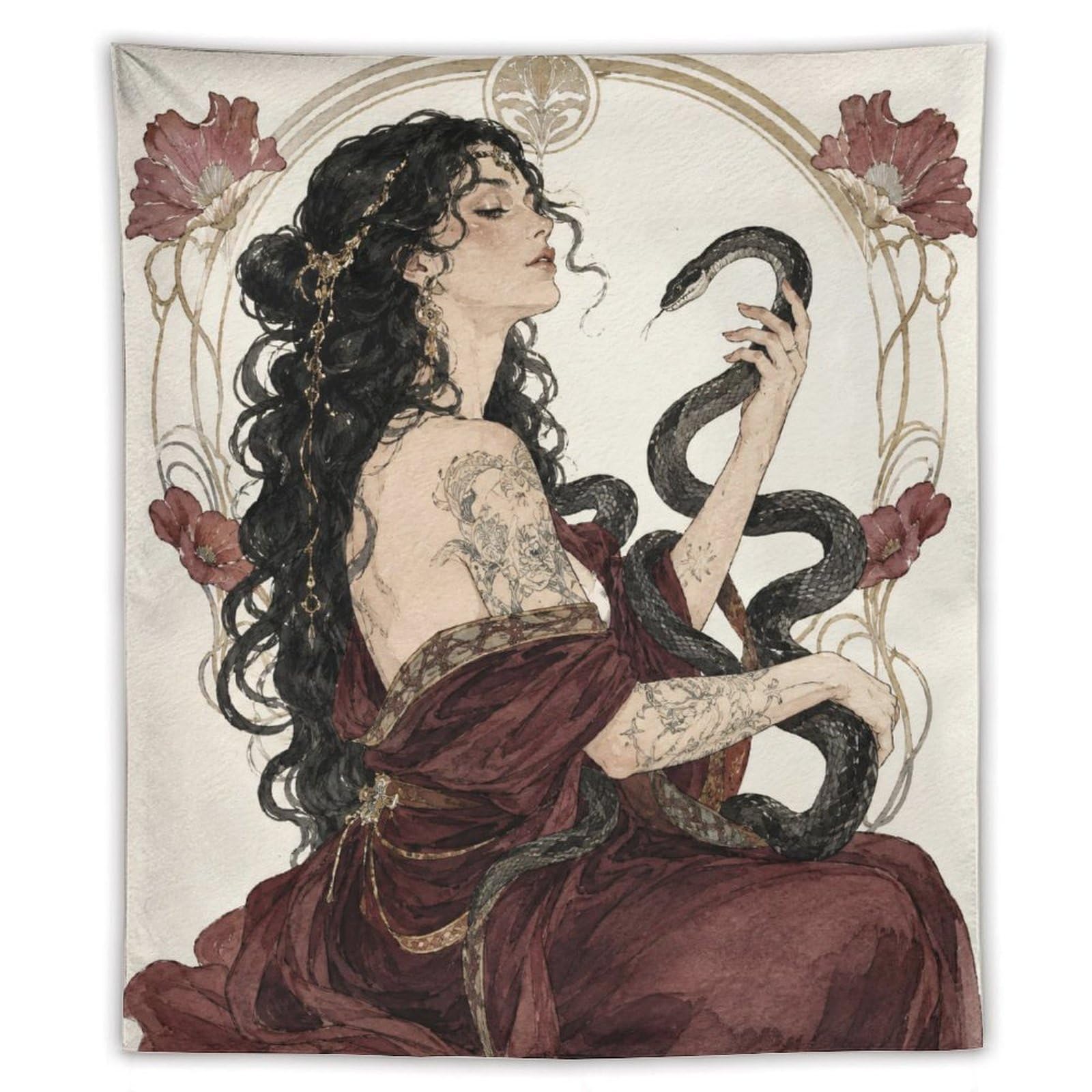 H3B8U2Y5 Snake Goddess with Black Serpents Wall Tapestry, Art Nouveau, Bed