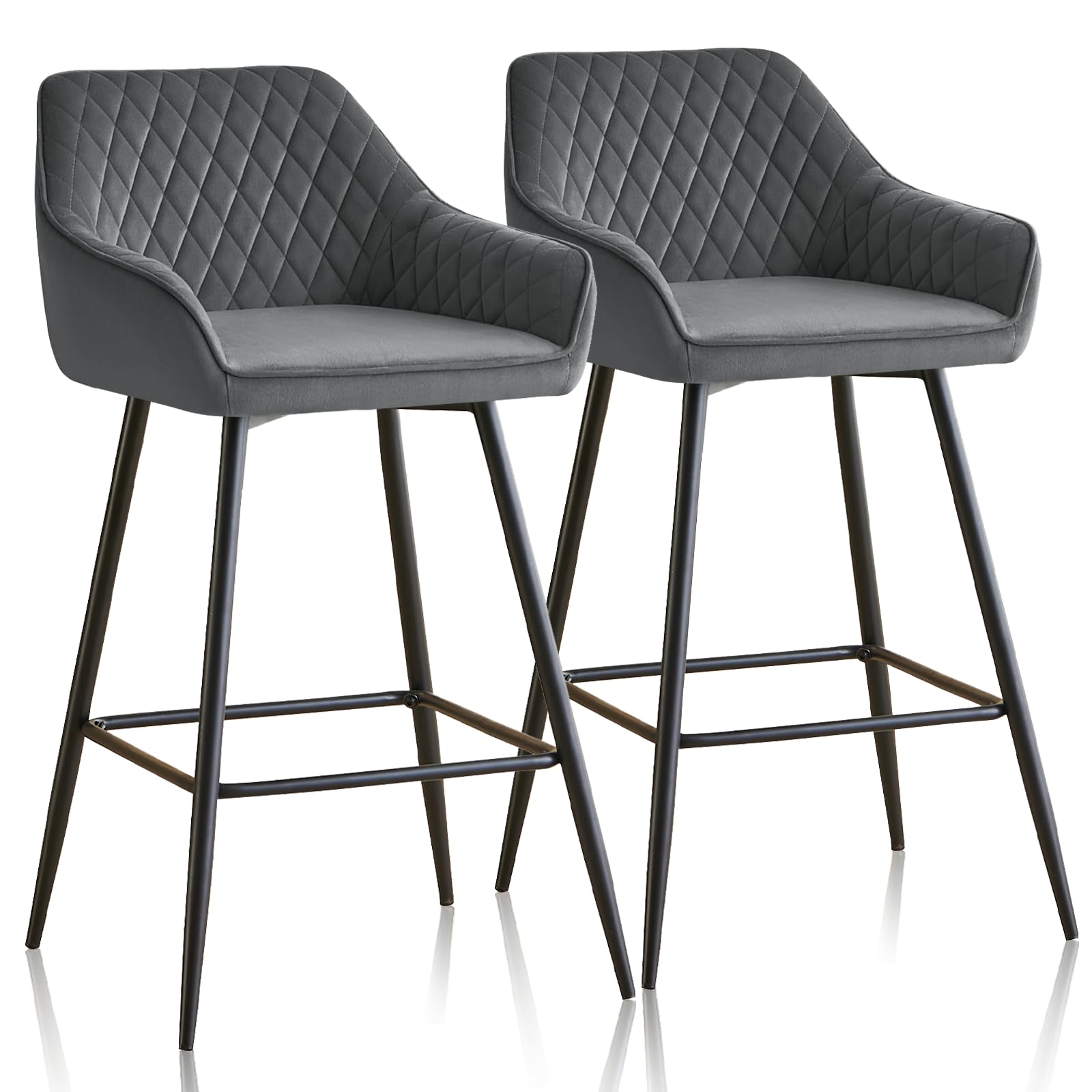 JaHECOME Set of 2 Velvet Bar Stools Upholstered Seat Bar Chairs Armrest Backrest Footrest Metal Legs Kitchen Breakfast Counter Pub Cafe(2,Grey)