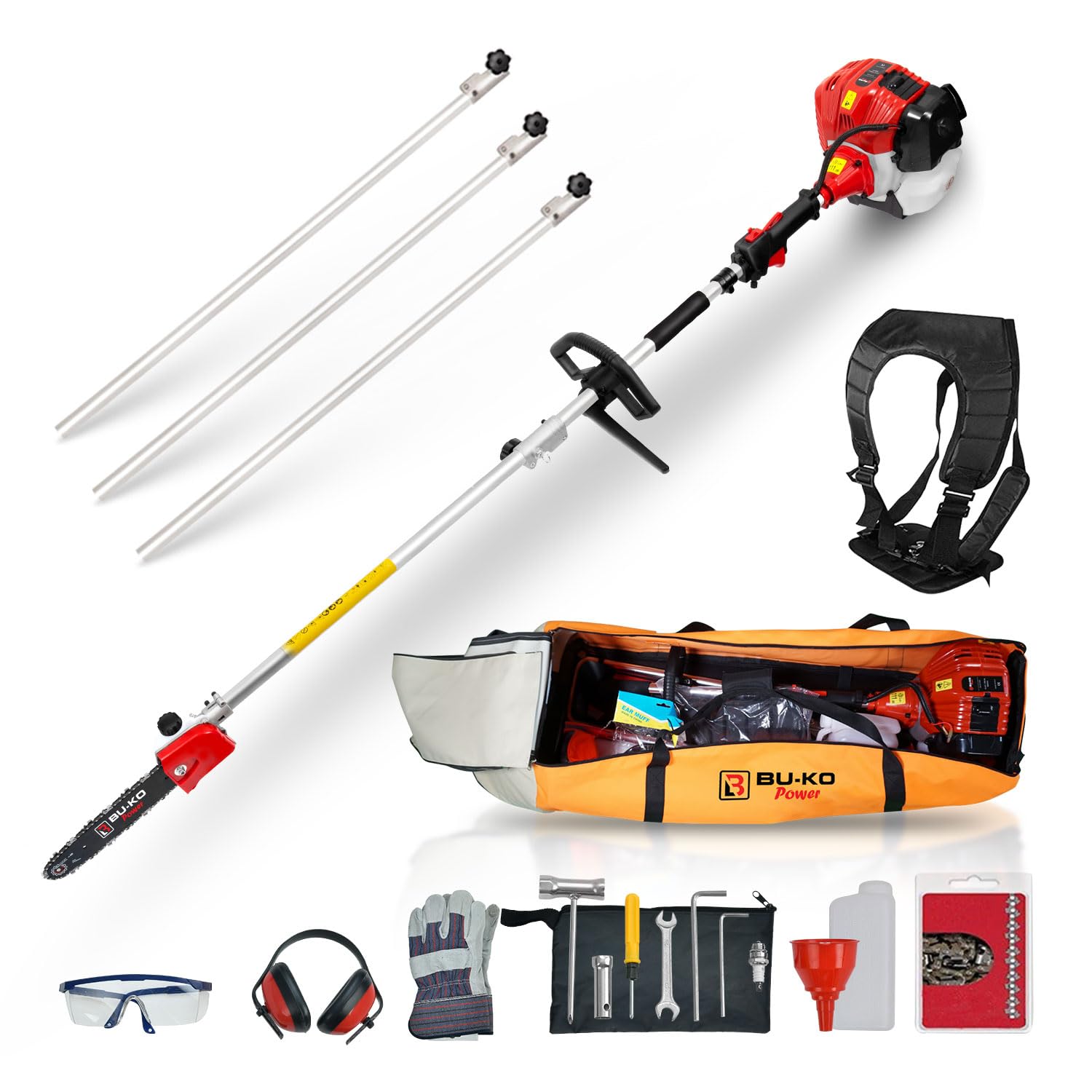 BU-KO 52cc Long Reach Petrol Pruner Saw and 3X 75cm Extension Pole with Toolbag for Convenient Storage, Ultimate Garden Tool for Tree Trimming, Branch Pruning, and Precision Cutting