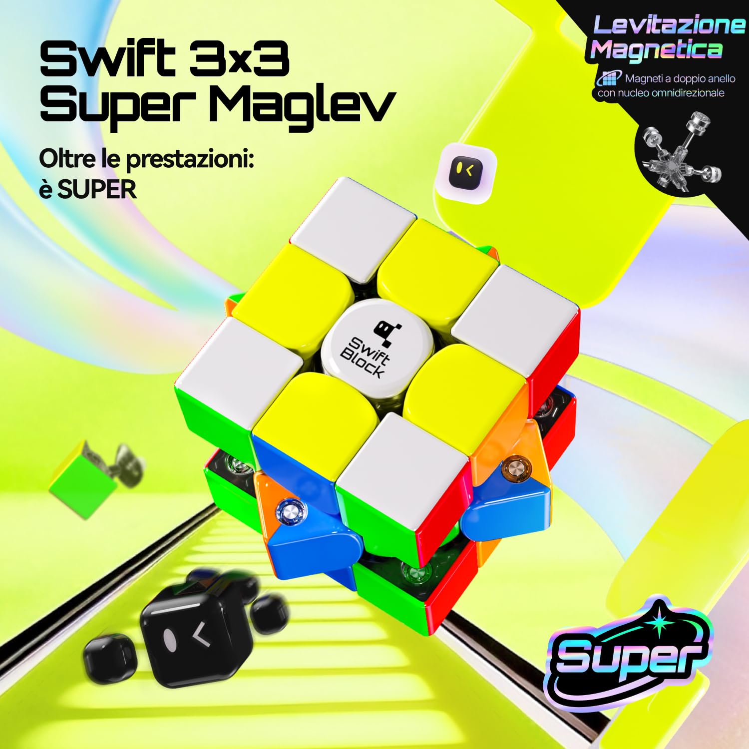 Cubo di Velocità Professionale Magnetico 3x3 Super Maglev con 71g Leggero, 76 Magneti Integrati, Rotazione Fluida, Speed Cube Ideale per Principianti e Bambini, Idea Regalo (Superficie UV)