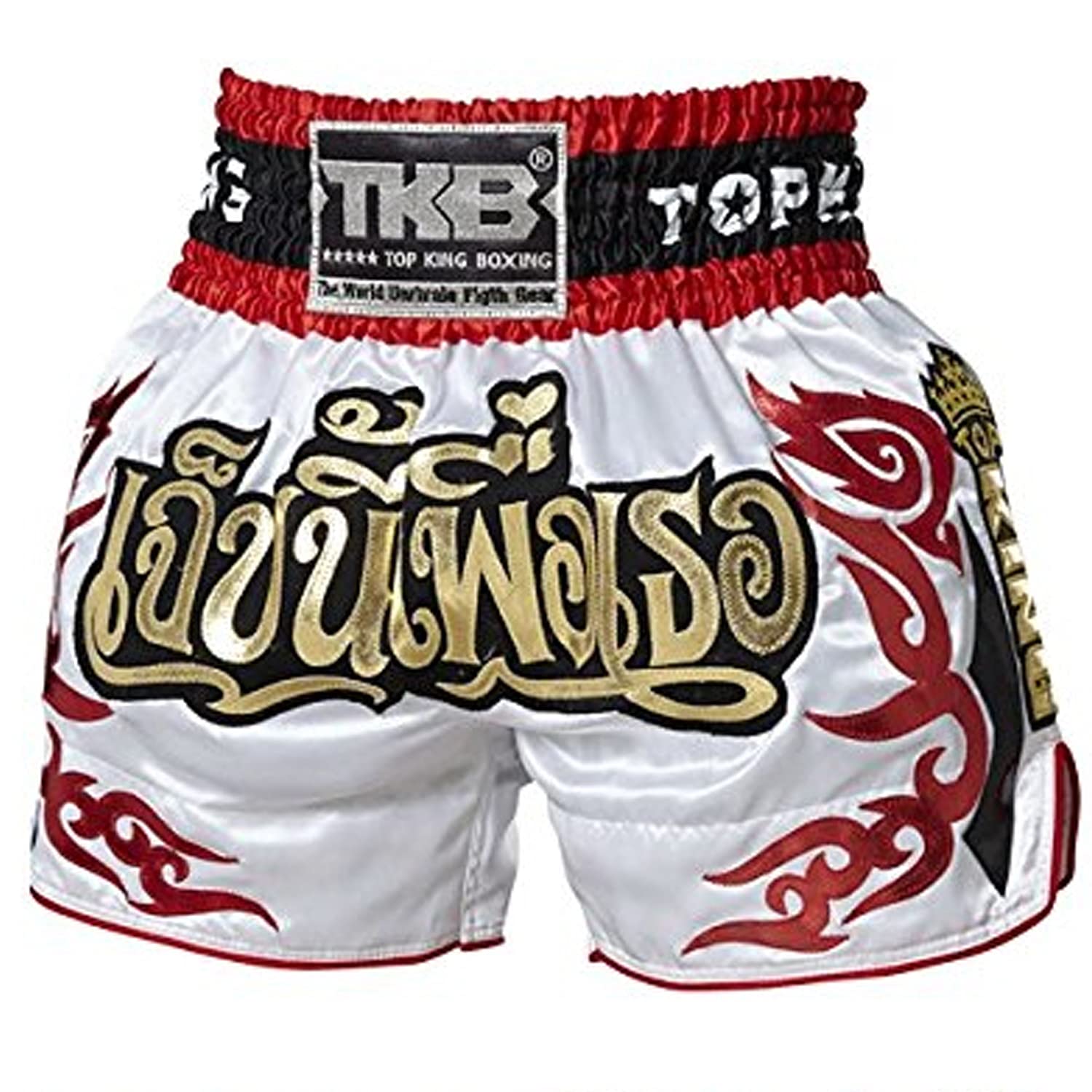 TOP KING BoxingMuay Thai Shorts Trunks Normal Style (111 - White/Red,Large)