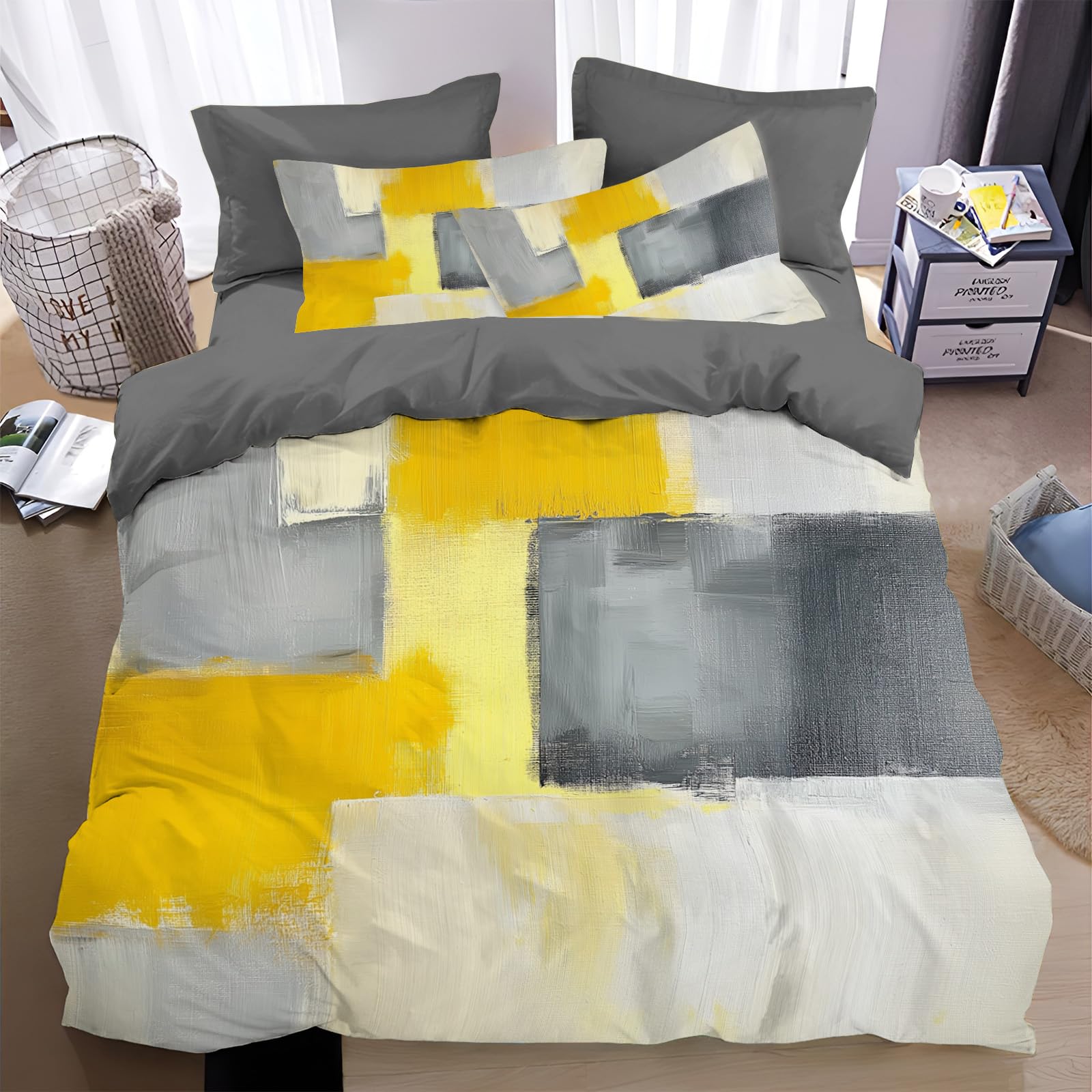 WunM Studio Abstract geometric printBed Reversable Quilt Duvet Cover Set,Easy Care Soft Smooth with Pillow Cases King Size,Reversible Quilt Bedding Set,Yellow and grayMicrofiber Bed Covers