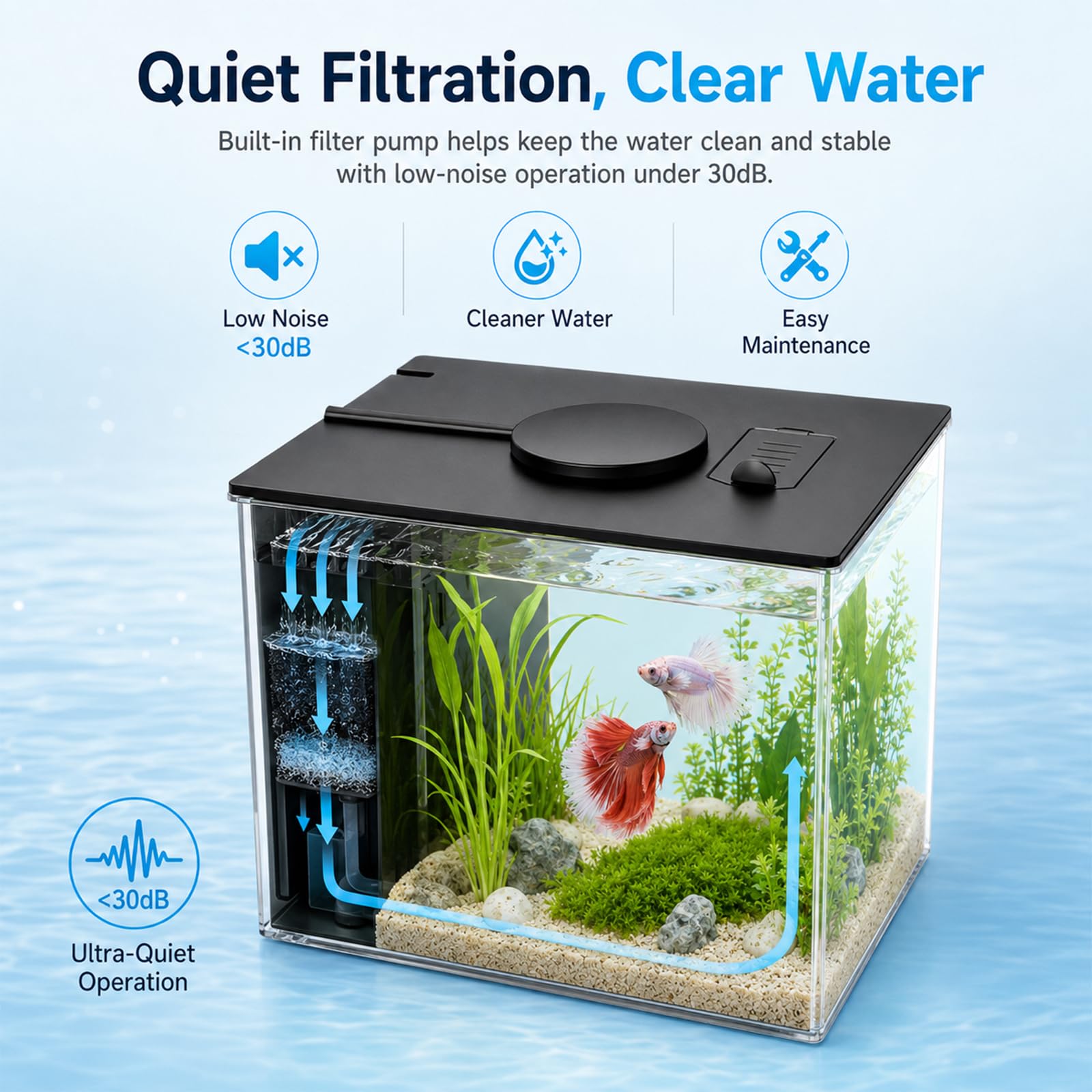 Piccolo acquario Betta da 3,7 l, set completo, mini acquario in acrilico con pompa filtro, illuminazione a LED, ideale per piccoli pesci, gamberetti e piante (nero)