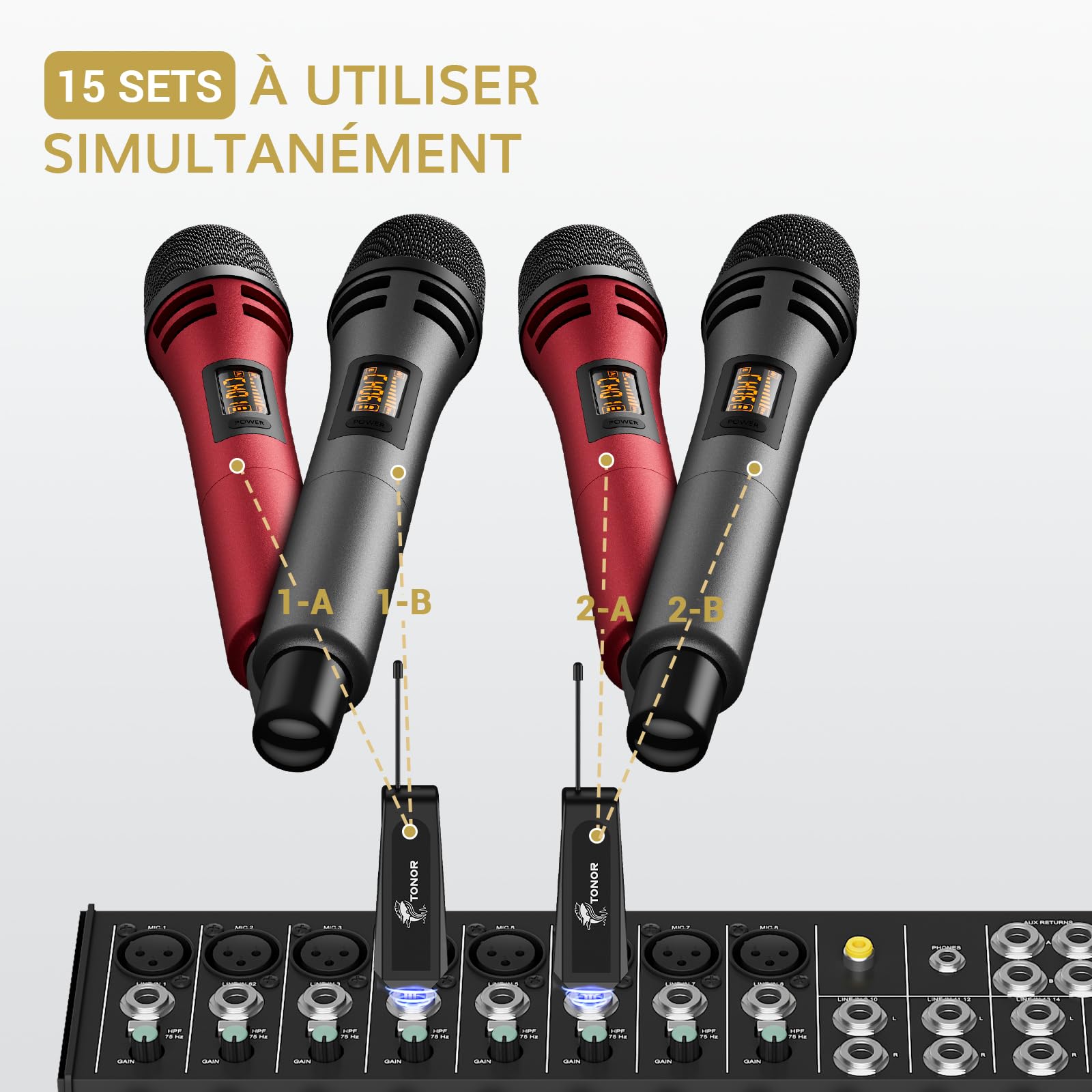 TONOR Micro Karaoke sans Fil, UHF Microphone Dynamique Chant Portable à Main avec Récepteur Rechargeable pour Karaoké Discours Mariage DJ Spectacles église Classe Conférences, 60M, Gris&Rouge, TW320