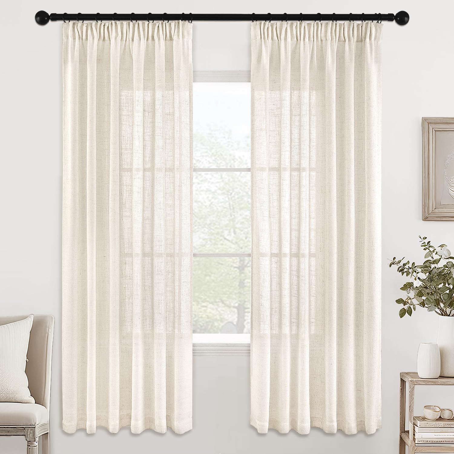 MIULEE Juego de Cortinas de Lino Translúcido de Dos Piezas Cortinas Modernas para Dos Puertas de Balcón Cortinas para Salón Dormitorio 2 Piezas Lino Natural Blanco 145x140cm (HxL)