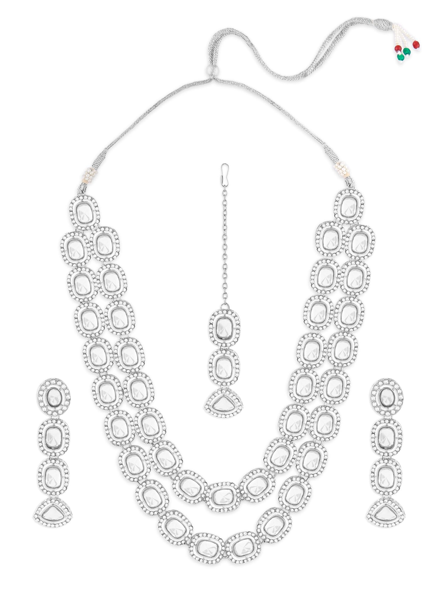 ZAVERI PEARLS Silver Tone Dazzling Stones Embellished Layered Necklace Earring & Maangtikka Set For Women-ZPFK17568 (B0CWV2T5SL) Amazon Price History, Amazon Price Tracker