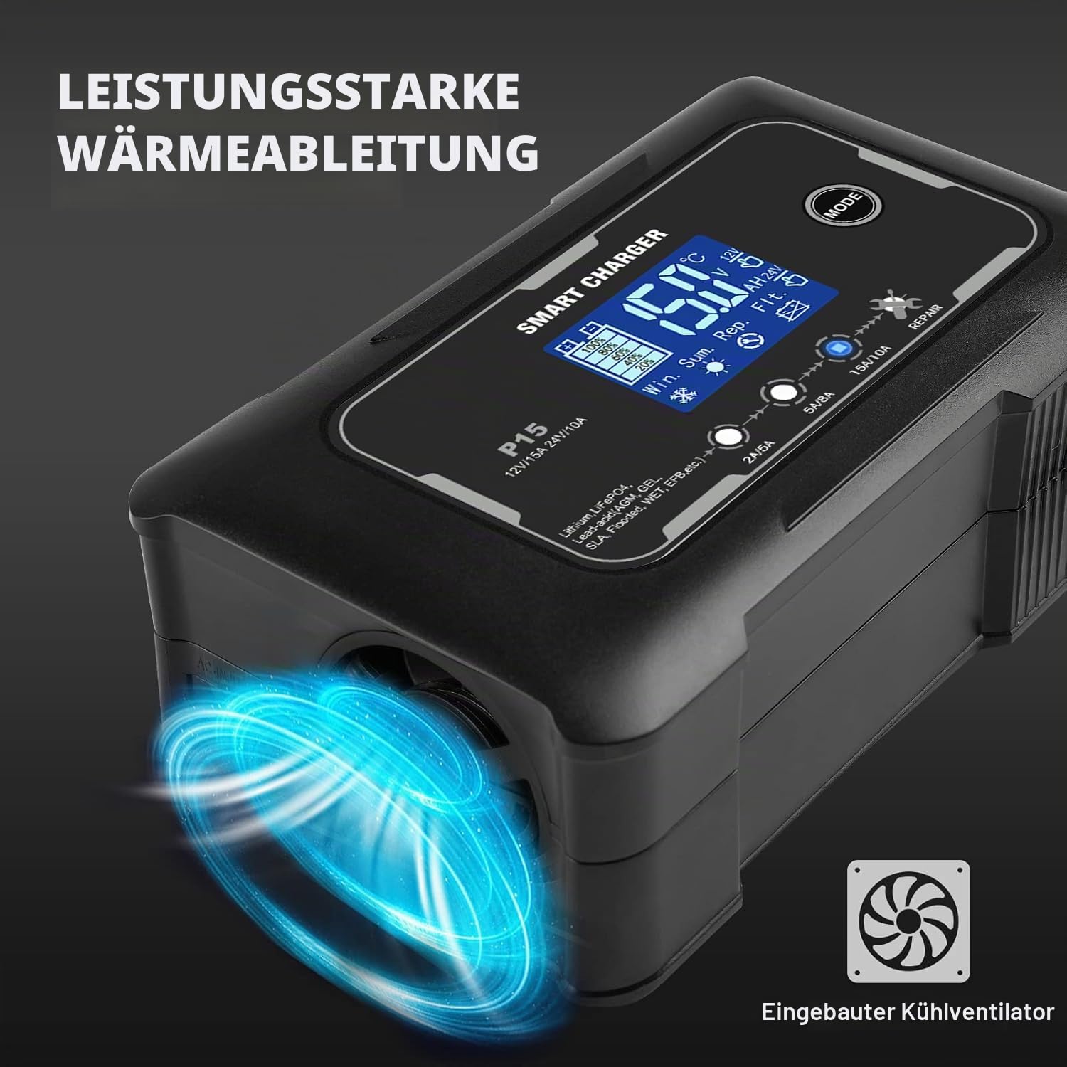 HTRC 15A AutobatterieLadegerät 12V/24V für AGM, Gel, EFB, LiFePO4-Akkus | Batterieladegerät fürs Auto mit Temperaturkompensation, Erhaltungsladung und Impulsreparatur für Motorrad, Wohnmobil und Boot