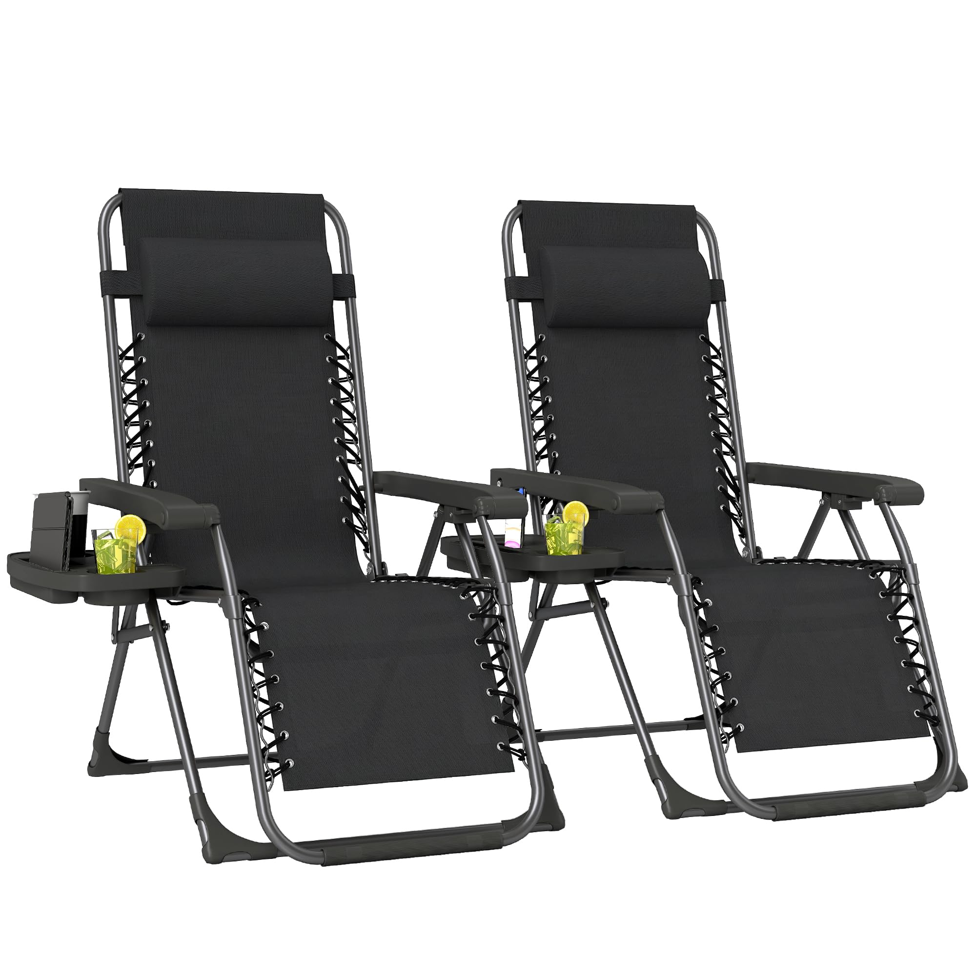 Outsunny Zero Gravity Chairs Set of 2, Folding Adjustable Sunloungers Garden Recliners with Cup Holder and Headrest, Reclining Garden Chairs for Patio, Beach, Terrace, Camping, Black