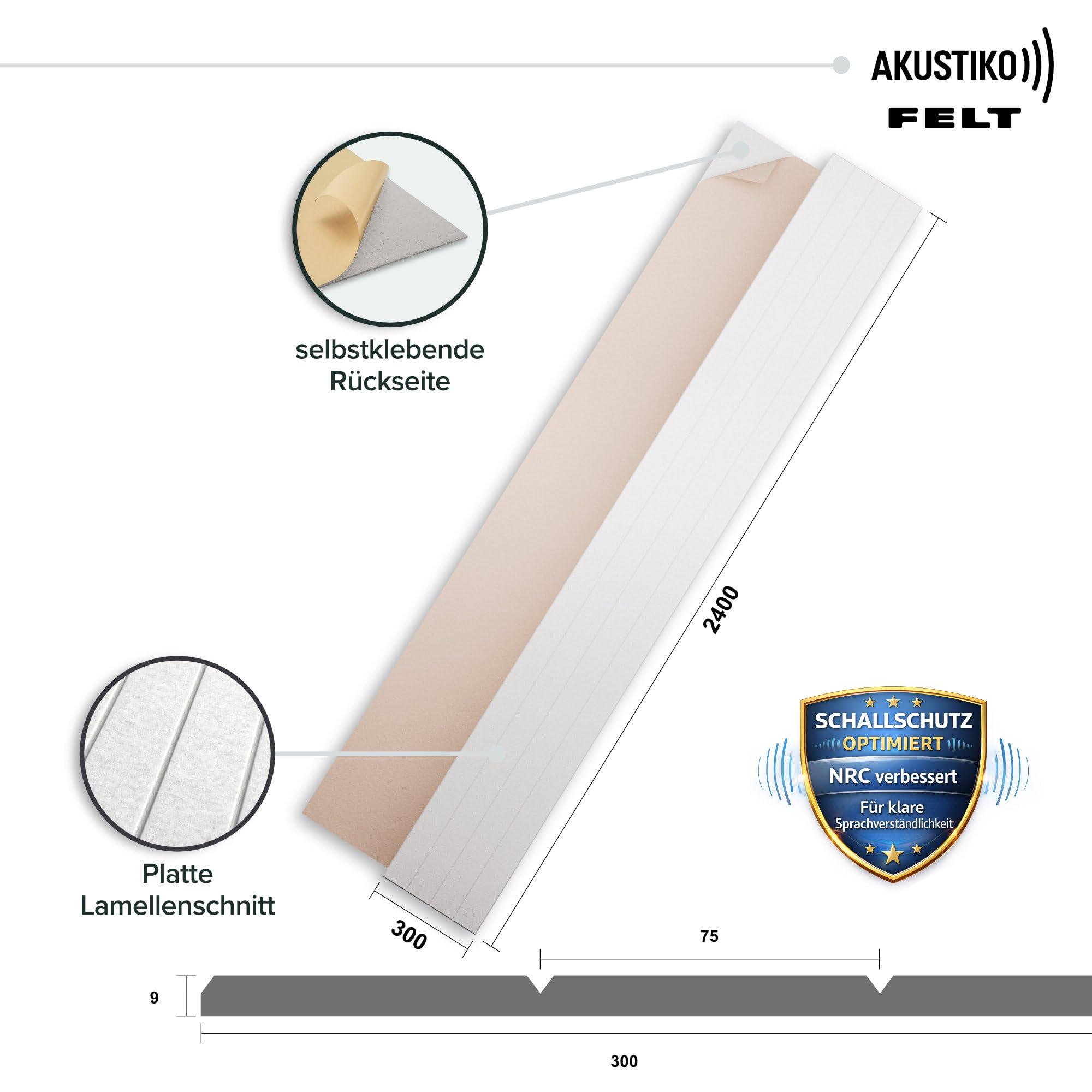 AKUSTIKO Akustikpaneele Selbstklebend 240x30cm - 8 Stück Weiß Akustik Wandpaneele Schallschutz & Raumakustik Panels Filz 9mm Hexim Decken- & Wandverkleidung Raum Klang (5.76m²)