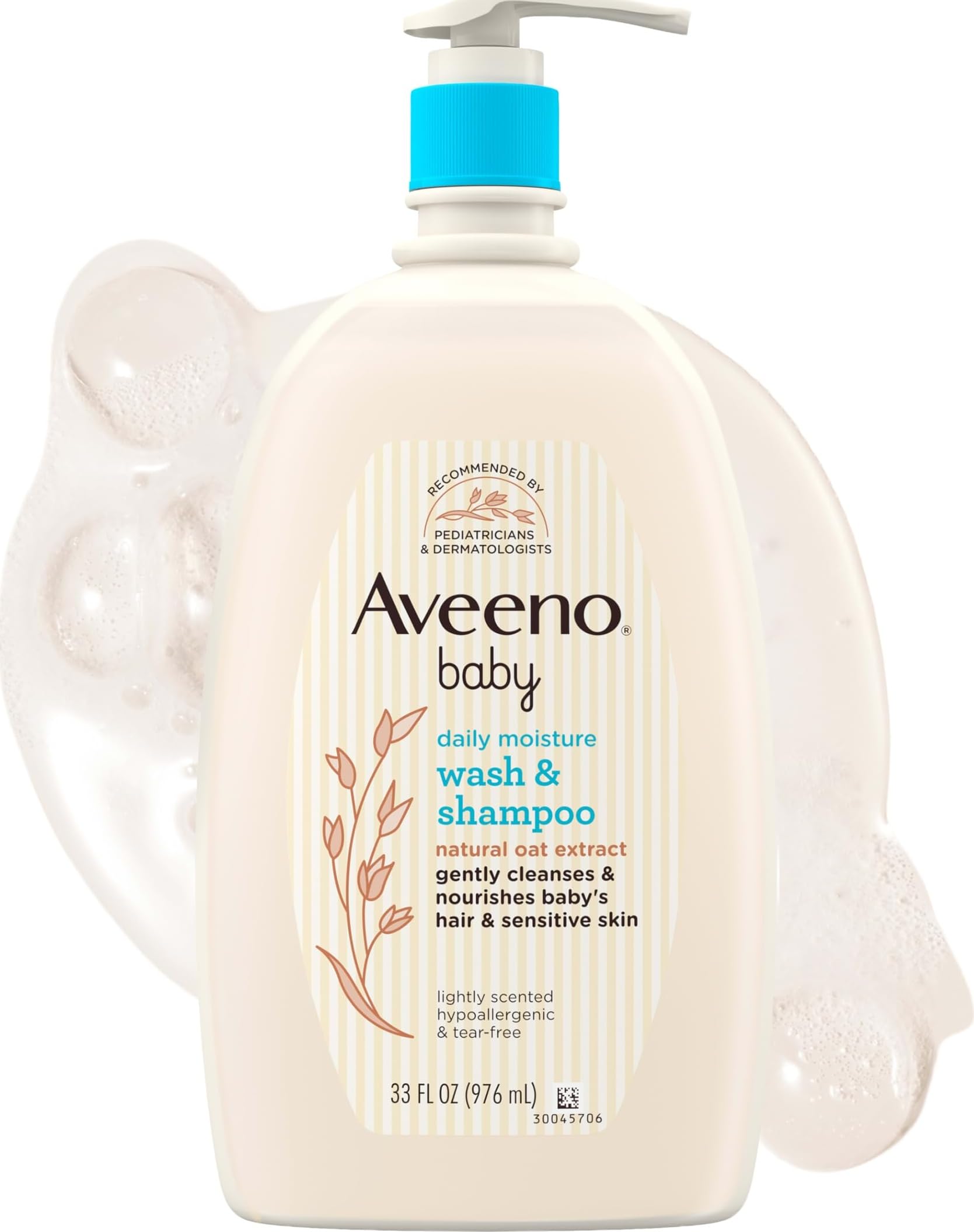 Aveeno Baby Daily Moisture Body Wash & Shampoo with Oat Extract, 33 fl. oz | 2-in-1 Gentle Bath Wash & Hair Shampoo with Oat Extract, Tear-Free, Hypoallergenic, No Added Parabens, Lightly Scented