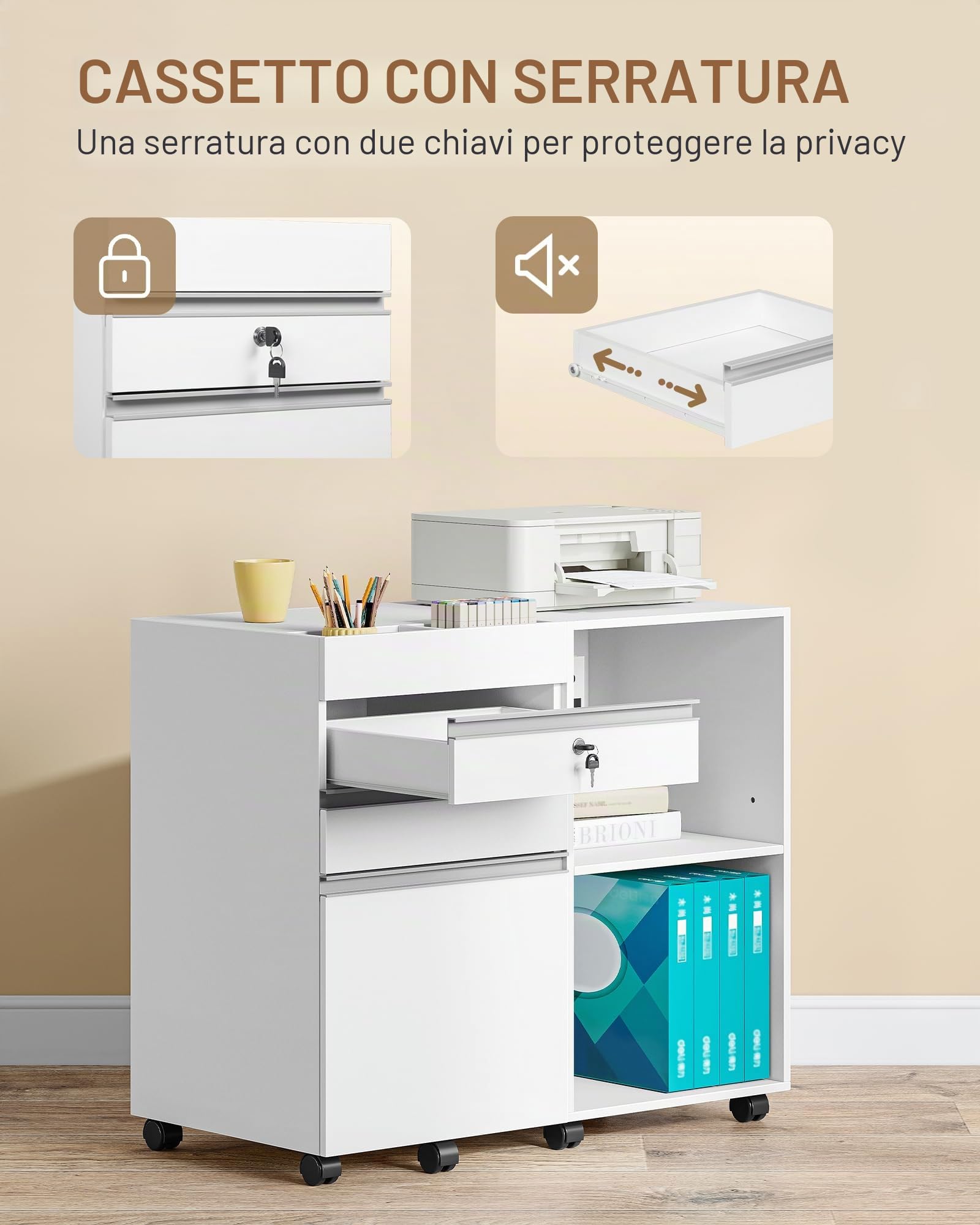 Hzuaneri Cassettiera Scrivania con Ruote, 3 Cassetti e Serrature, 2 Ripiani Regolabili, Mobile Porta Stampante, Ufficio, Studio, Bianco FC42003X