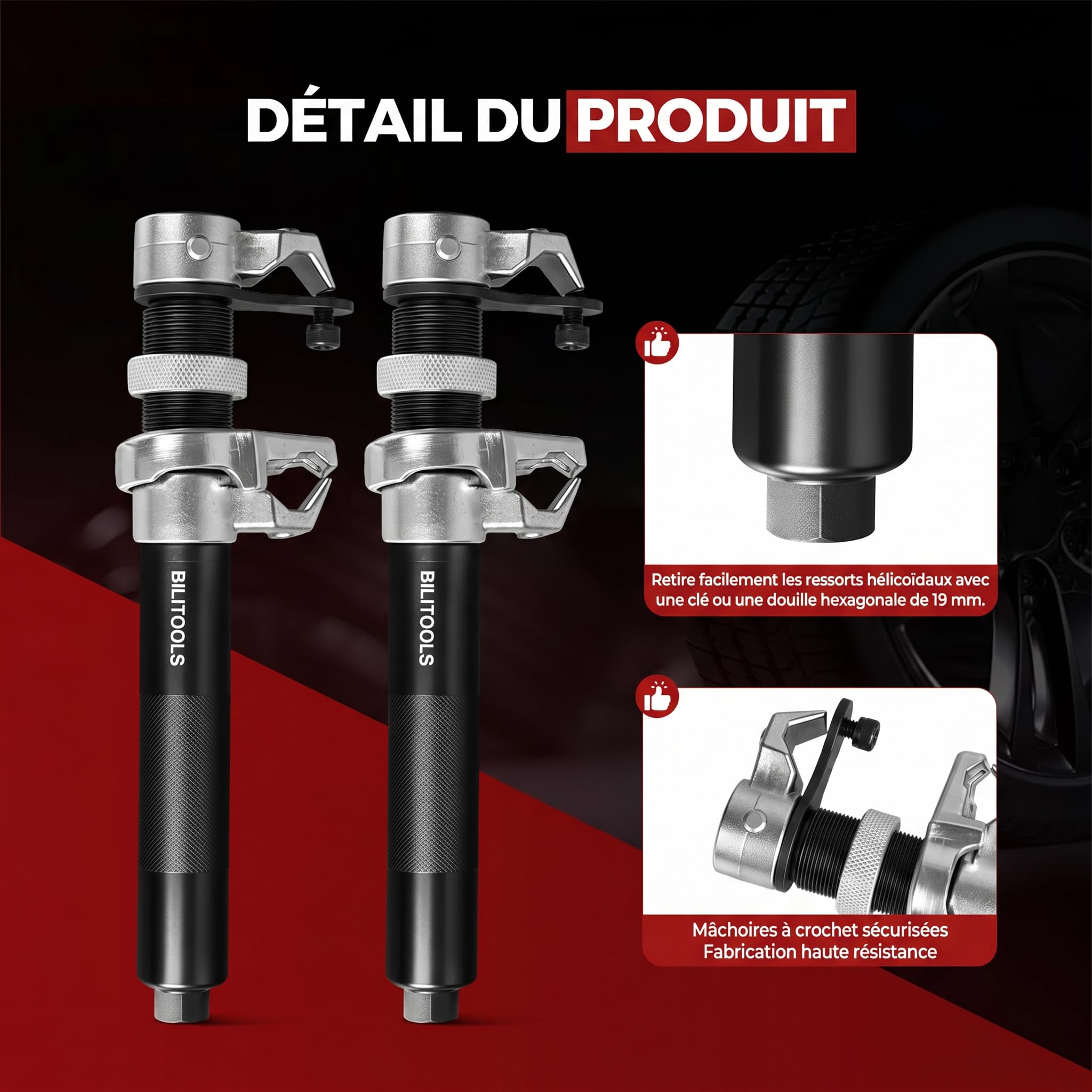 BILITOOLS Lot de 2 Compresseurs de Ressort Amortisseur Macpherson | Professionnel, charge 1200kg, outil auto robuste, compresseur ressort hélicoïdal, étrier de sécurité inclus