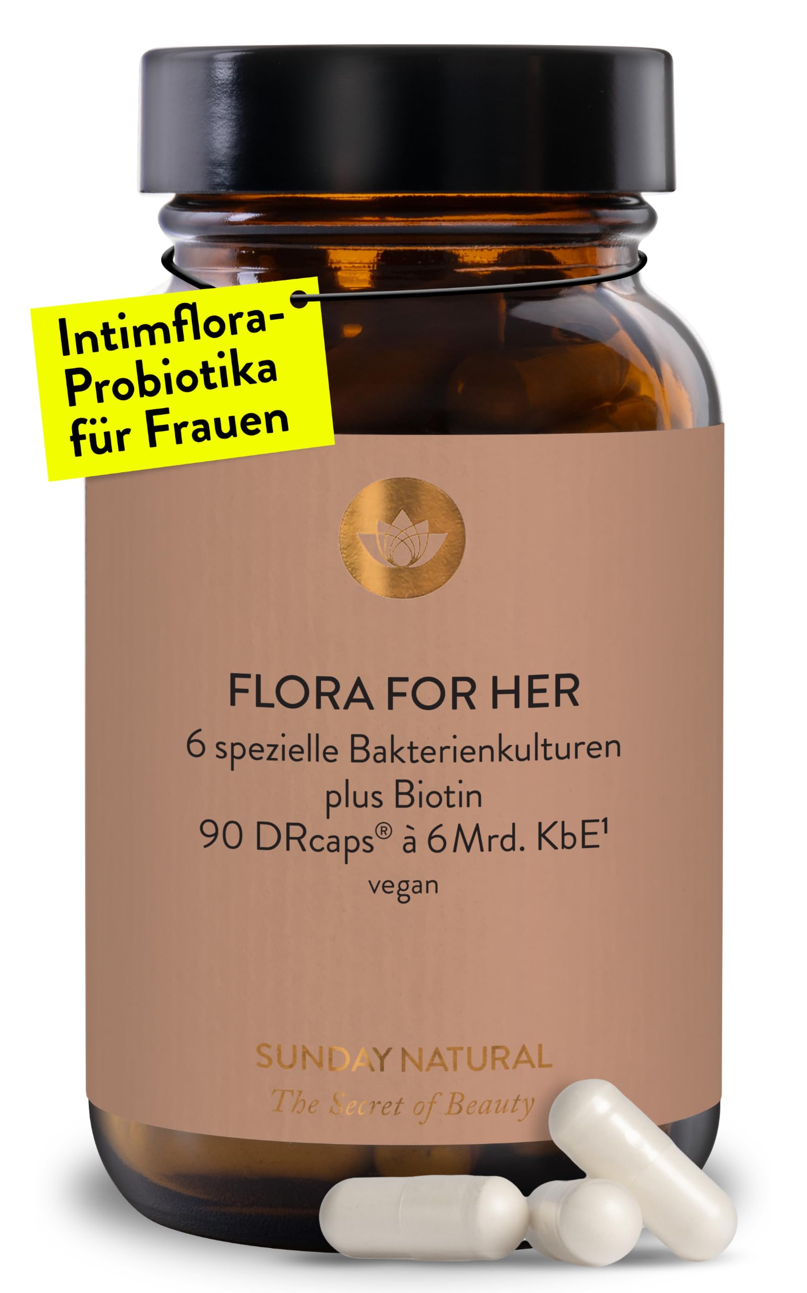SUNDAY NATURAL® Probiotika für Frauen Intimflora – 6 Lactobacillus-Stämme für die Intim Flora – 90 Kapseln – Flora For Her Kulturen-Komplex mit 6 Mrd. KBE pro Kapsel – Milchsäurebakterien & Biotin
