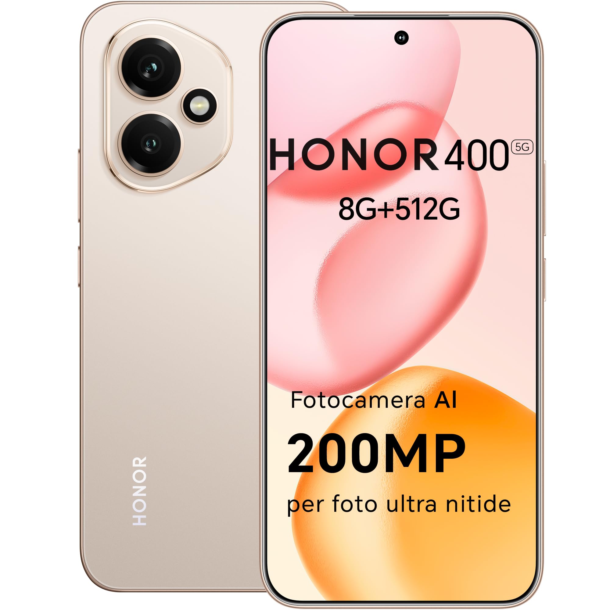 HONOR 400 Smartphone 5G Dual SIM NFC,200MP con AI fotografica,8GB/256GB, 5300 mAh, 6.55 pollici AMOLED Eye-Care Display cellulare, Snapdragon 7 Gen 3 telefono, Smartphone con Android 15,Desert Gold