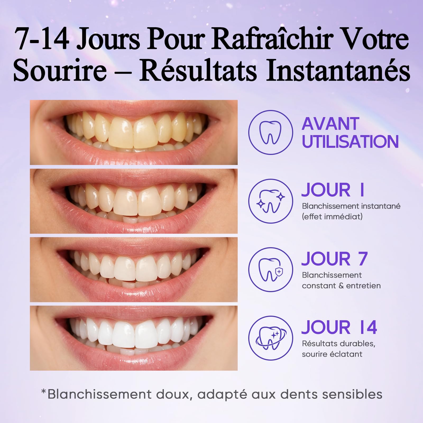 Lot de 14 bandes de blanchiment des dents violettes pour correction de la couleur, application sèche et humide, neutralisation instantanée de la couleur, protège l'émail des dents, ajustement - 4