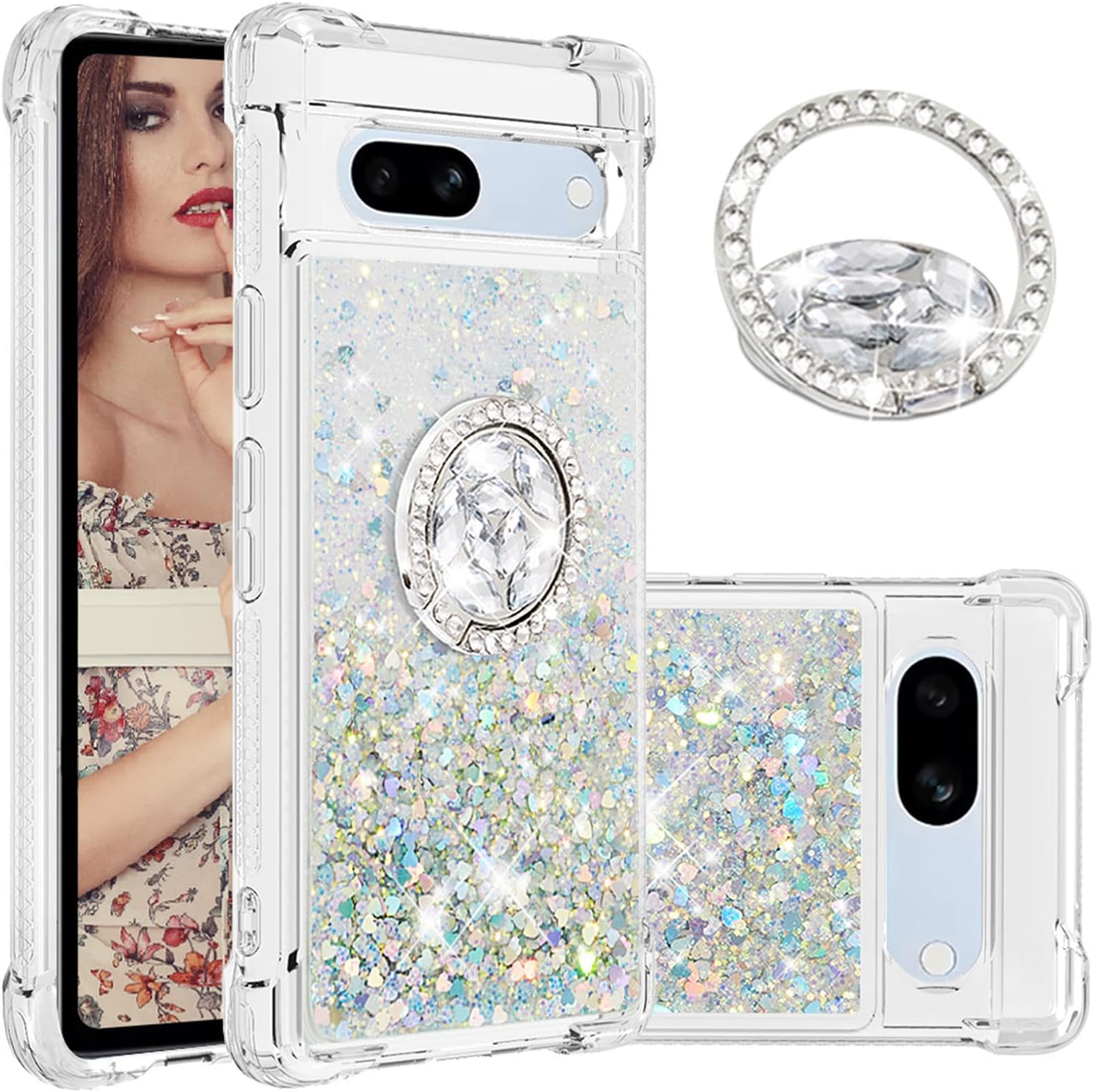 Product image of CCSmall Glitter Clear Sparkly Bling Google Pixel 7A Case, Flowing Liquid Quicksand Cover with Diamond Ring Holder Case for Google Pixel 7A LSZ Silver