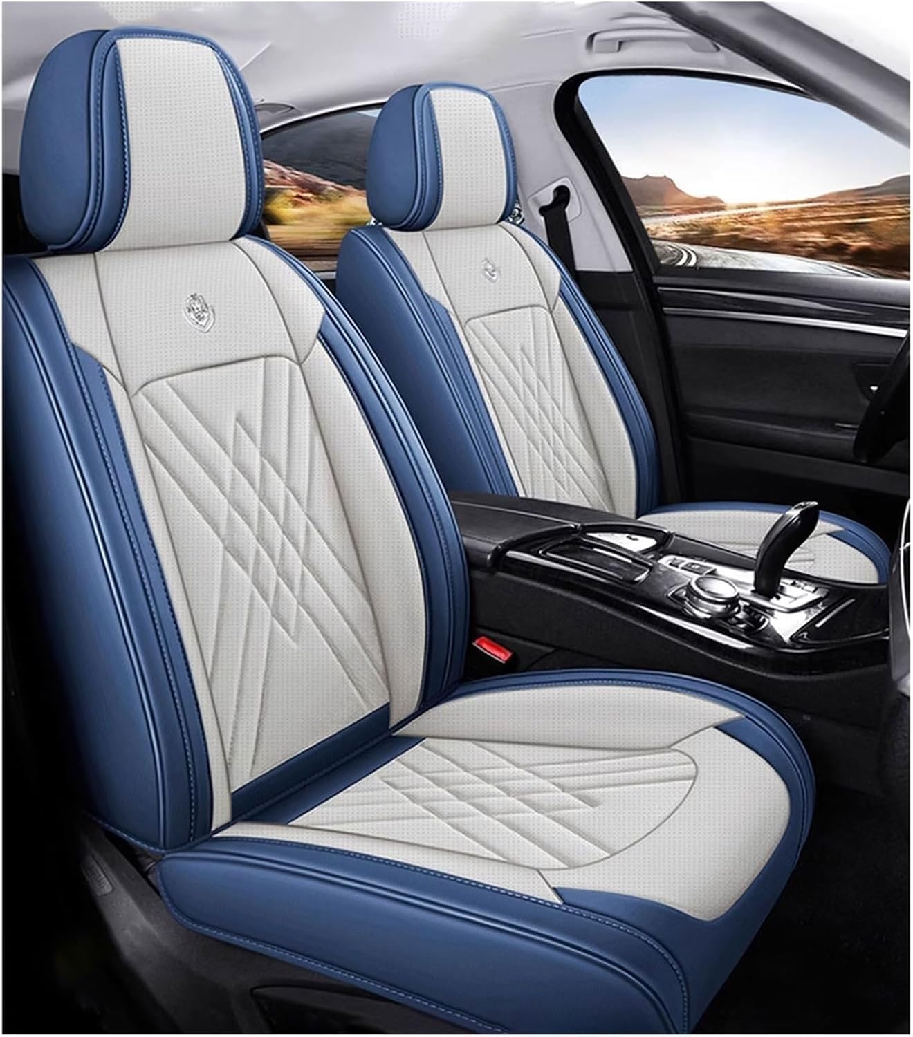 ATTLGR Car Seat Covers for Audi Q3 Sportback F3 2018-2024,Leather Front Rear Seat Covers,Full Set Seat Protectors Headrest Covers,Waterproof Breathable Accessories,F/BlueBeige