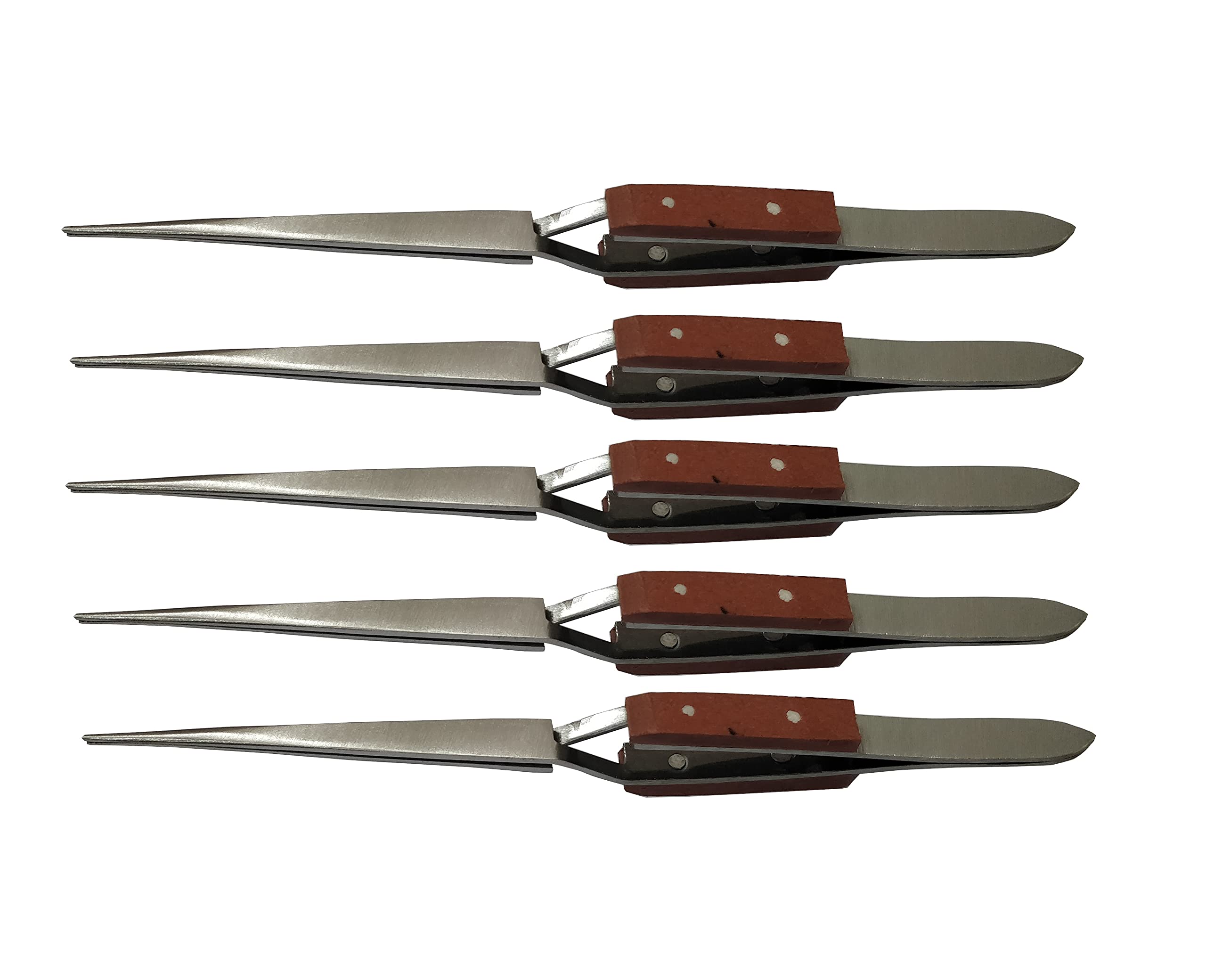 Self Closing Cross Locking Stainless Steel Tweezers with Heat Resistant Fiber Grip on Handle (Pack of 5 - Straight)