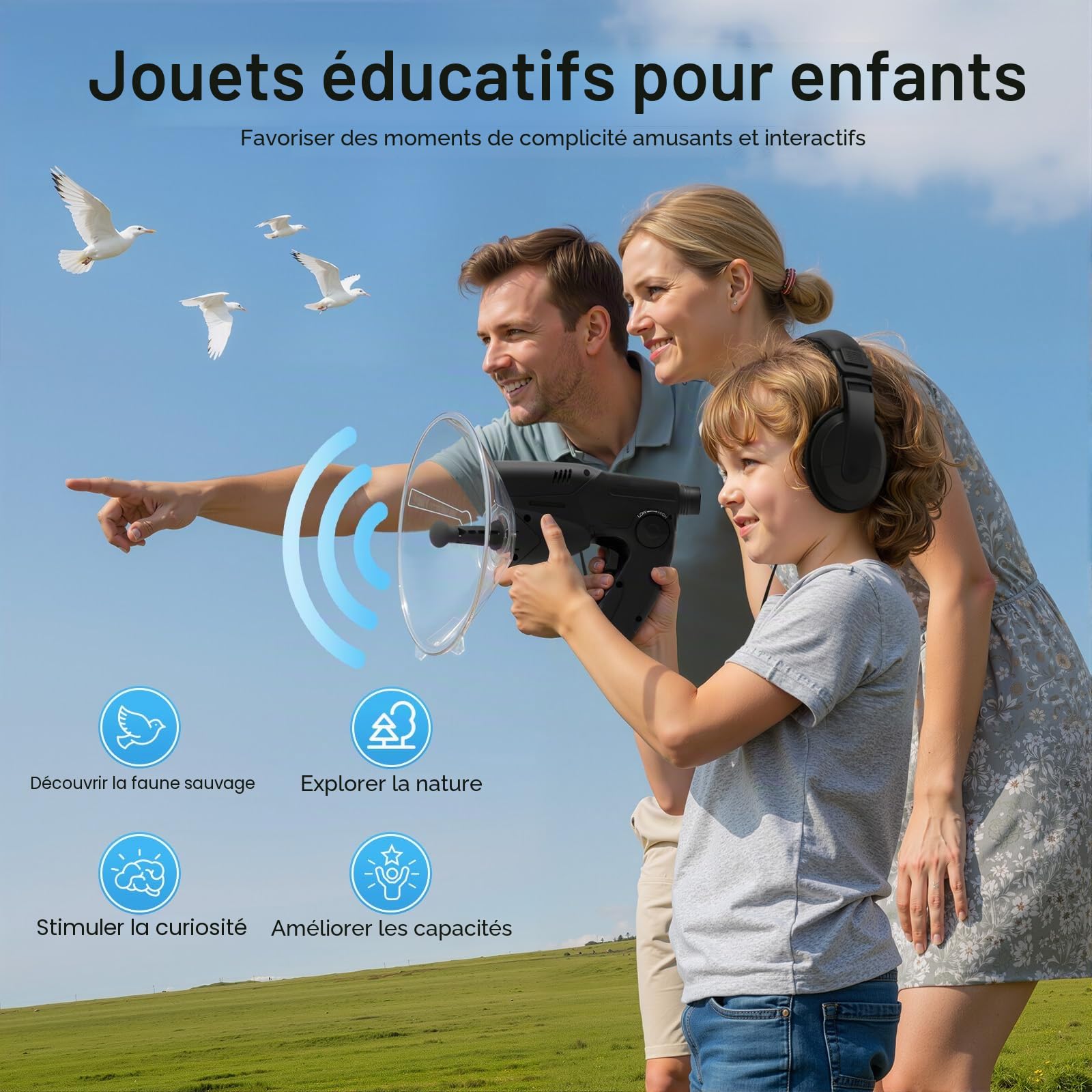 Microphone directionnel - Microphone parabolique - Appareil d'écoute 200 m - Détective - Avec casque, jumelles grossissement 8X - Amplificateur sonore pour observation des oiseaux, enregistrement et