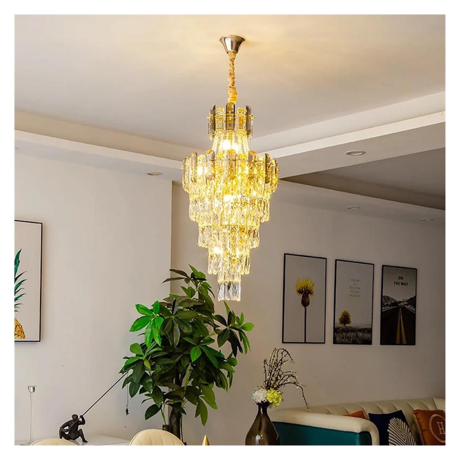 ASerZenith Villa Living Room Crystal Chandelier Duplex Building Hall Postmodern Light Luxury Staircase Long Chandeliers For Dining,Hanging Light,Warm Light-D50Cm