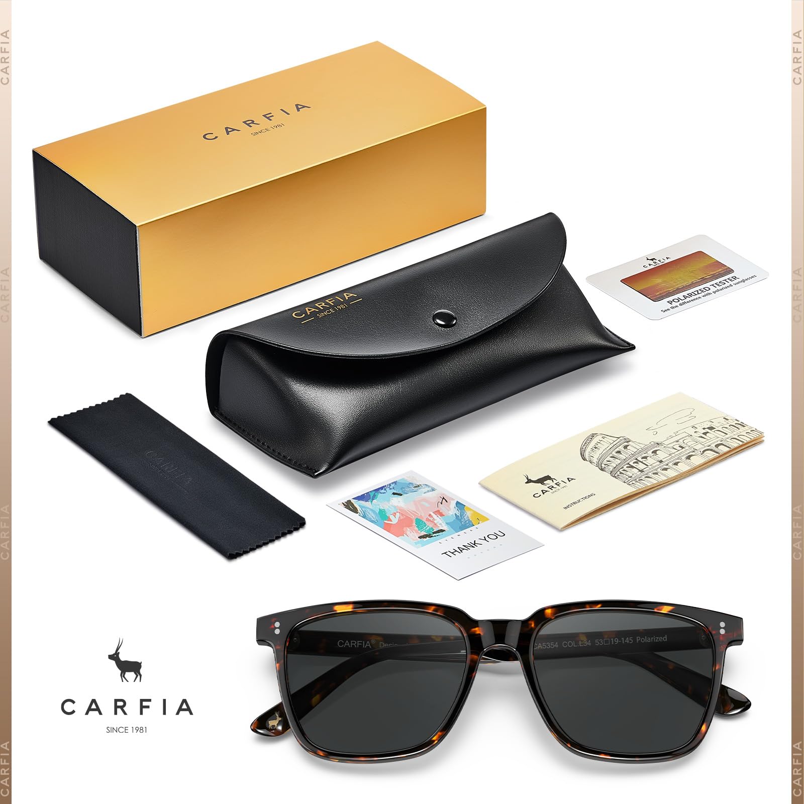 CARFIA Polarisierte Sonnenbrille Herren Für Autofahren Rechteckig Acetat Rahmen Retro UV400 Schutz Angeln Golf CA5354L | UV400-Schutz, Retro-Stil für Golf, Fahren im Freien