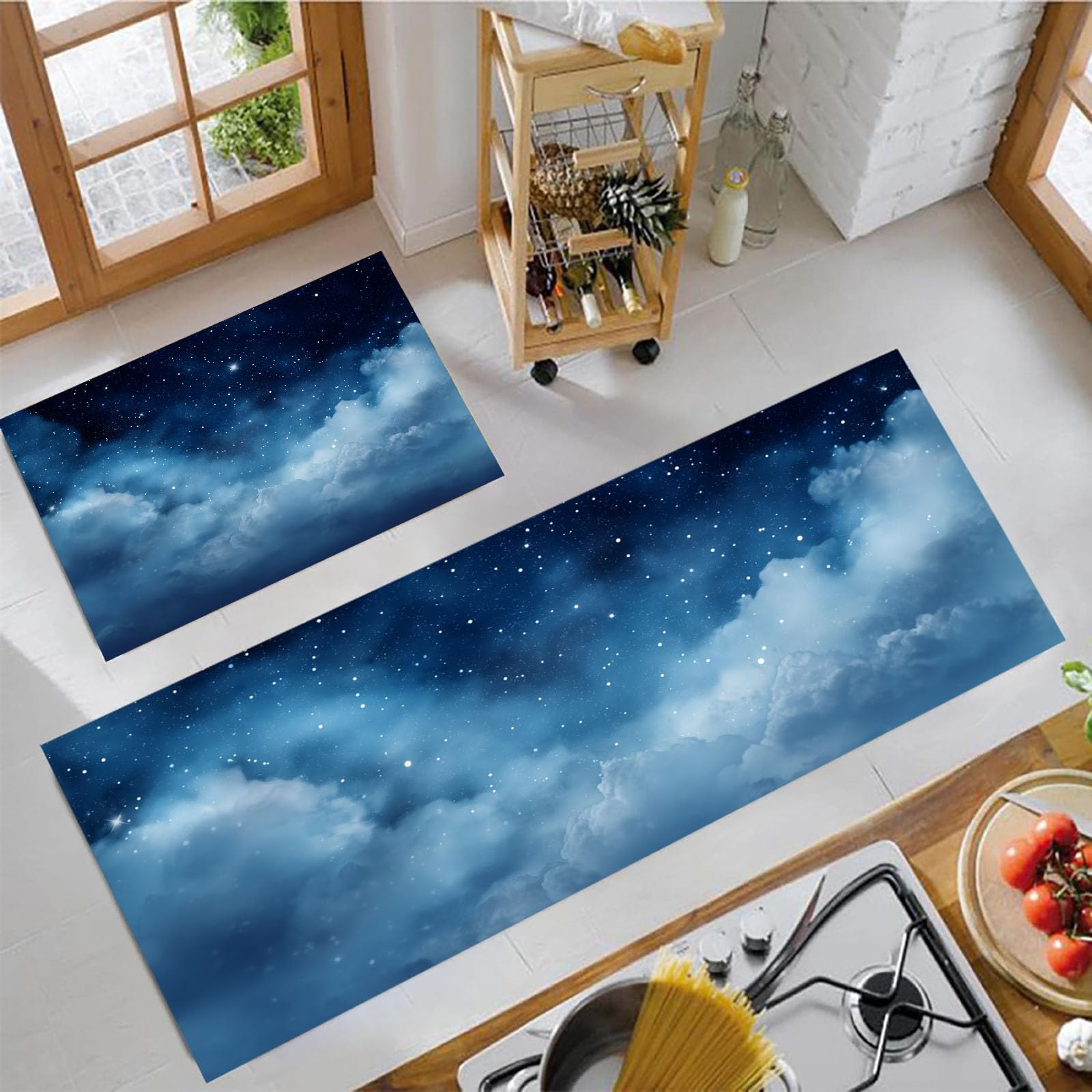 Alfombras de pie lavables 2 piezas azul marino para cocina y entrada con paisaje de fantasía