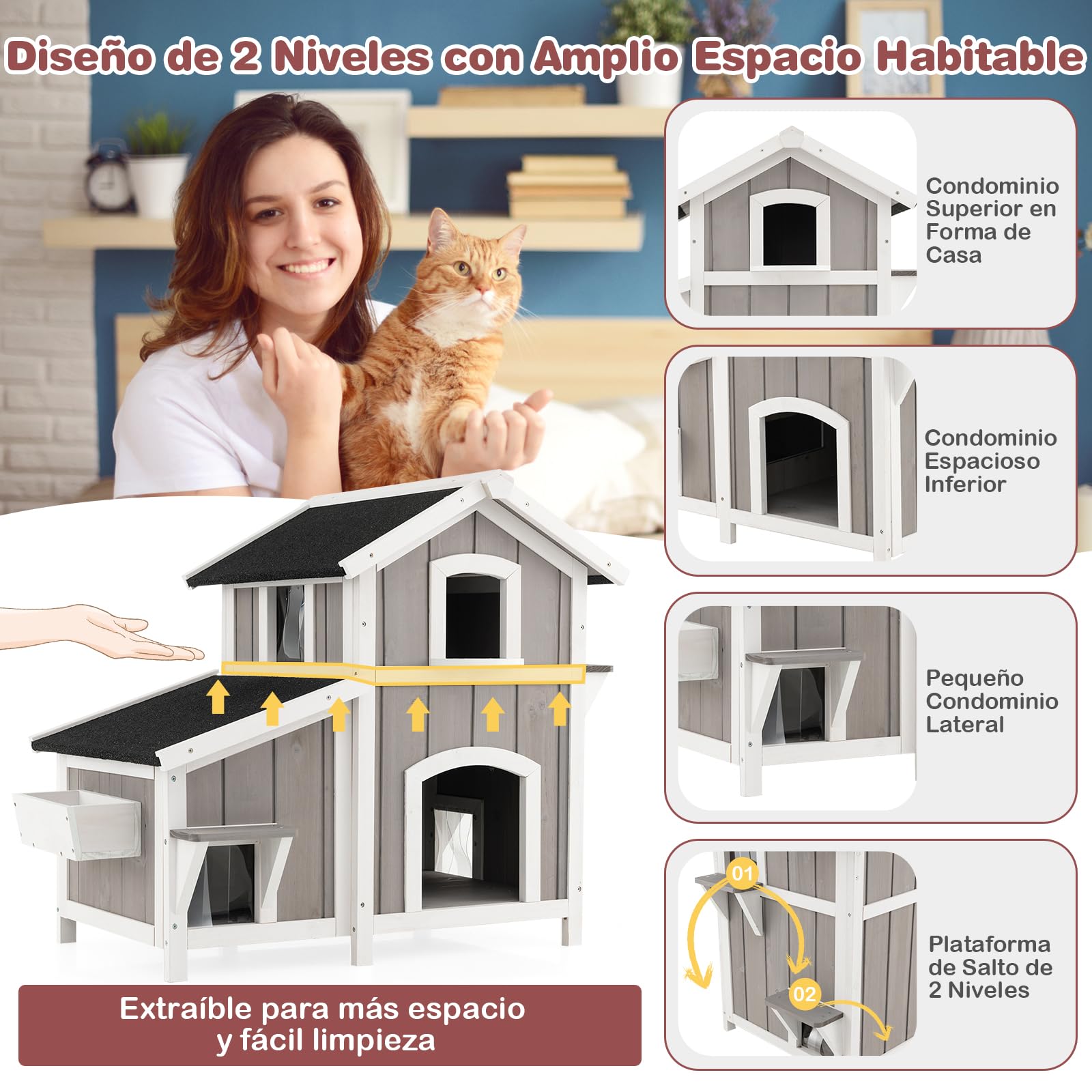 GOPLUS Casa para Gatos de 2 Niveles con Techo de Asfalto, Puertas de Escape, Plataforma, Cortinas de PVC para Interior y Exterior