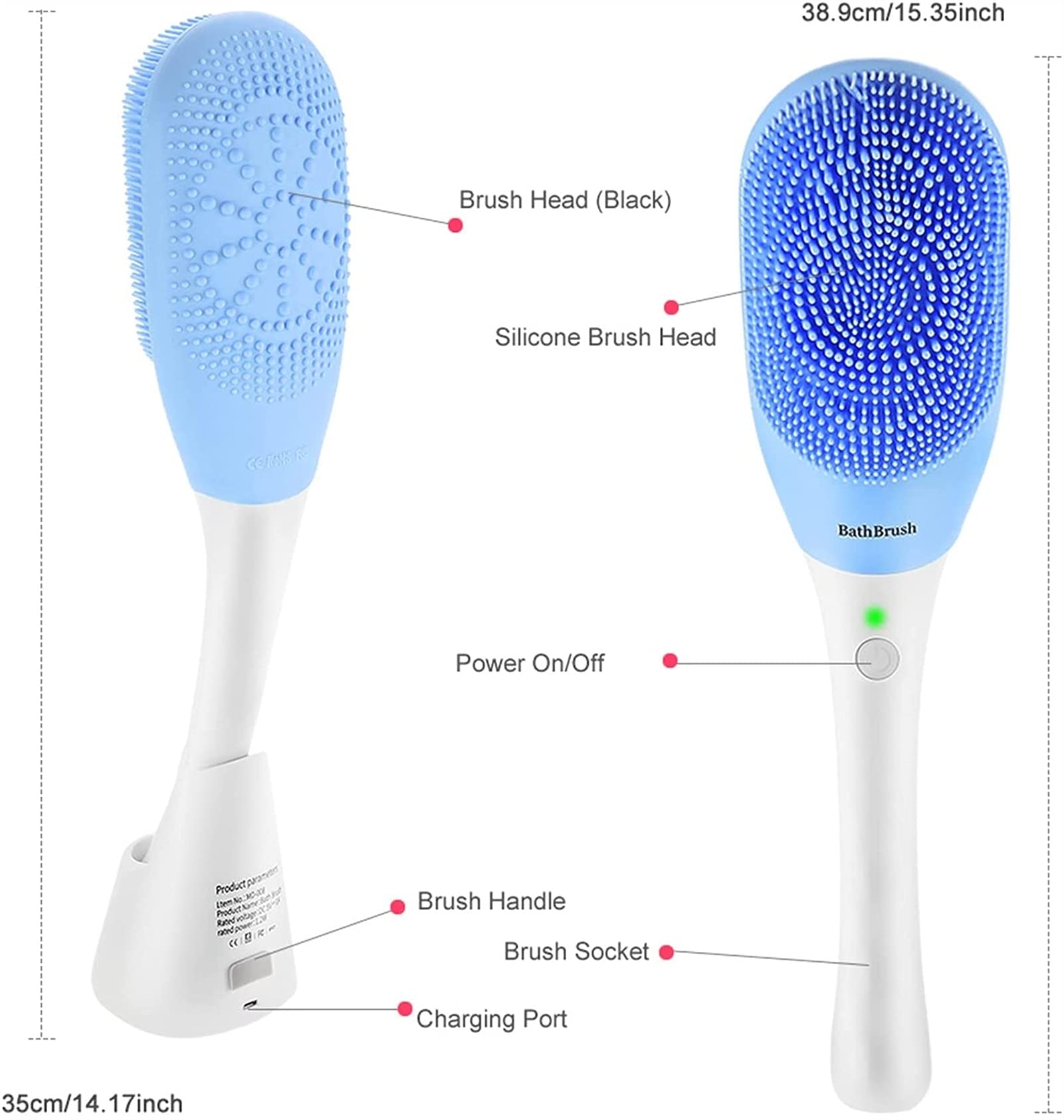 Cepillo de baño eléctrico de carga USB, cepillo de ducha de mango largo, cepillo de baño y cuerpo, cepillo de masaje impermeable, exfoliante, mejora la circulación