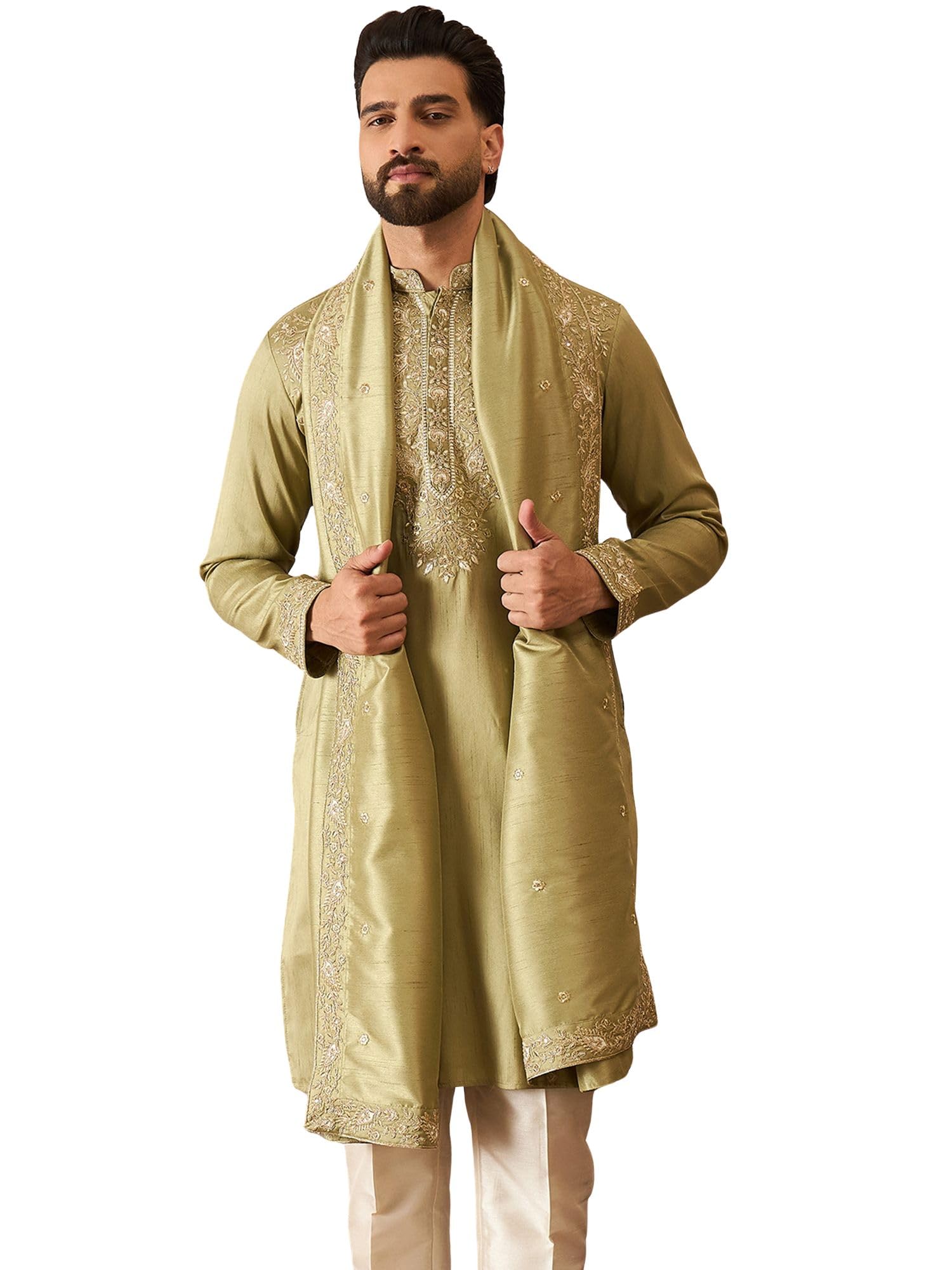 Men'S Green Silk Blend Embroidered Design Calf Length Kurta Set | Men'S | Solid Design Kurta Set For Men | Straight Fit Kurta For Men-picture-28