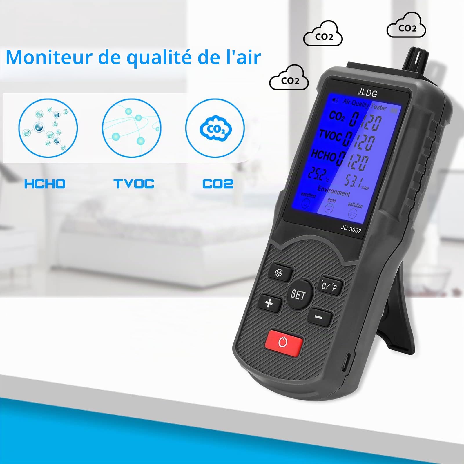 Moniteur de qualité de l'air 8 en 1, testeur Multifonction CO2 TVOC, Moniteur de température et d'humidité