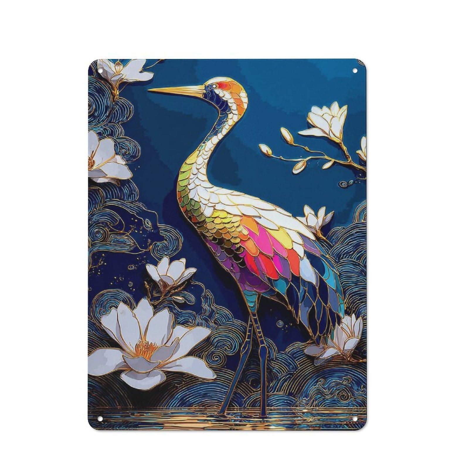 Junmoney Colorful Crane With Lotus Flowers Vintage Tin Wall Plaque 40X30cm For Studio Or Craft Room, For Garage, Workshop And Man Cave Decoration