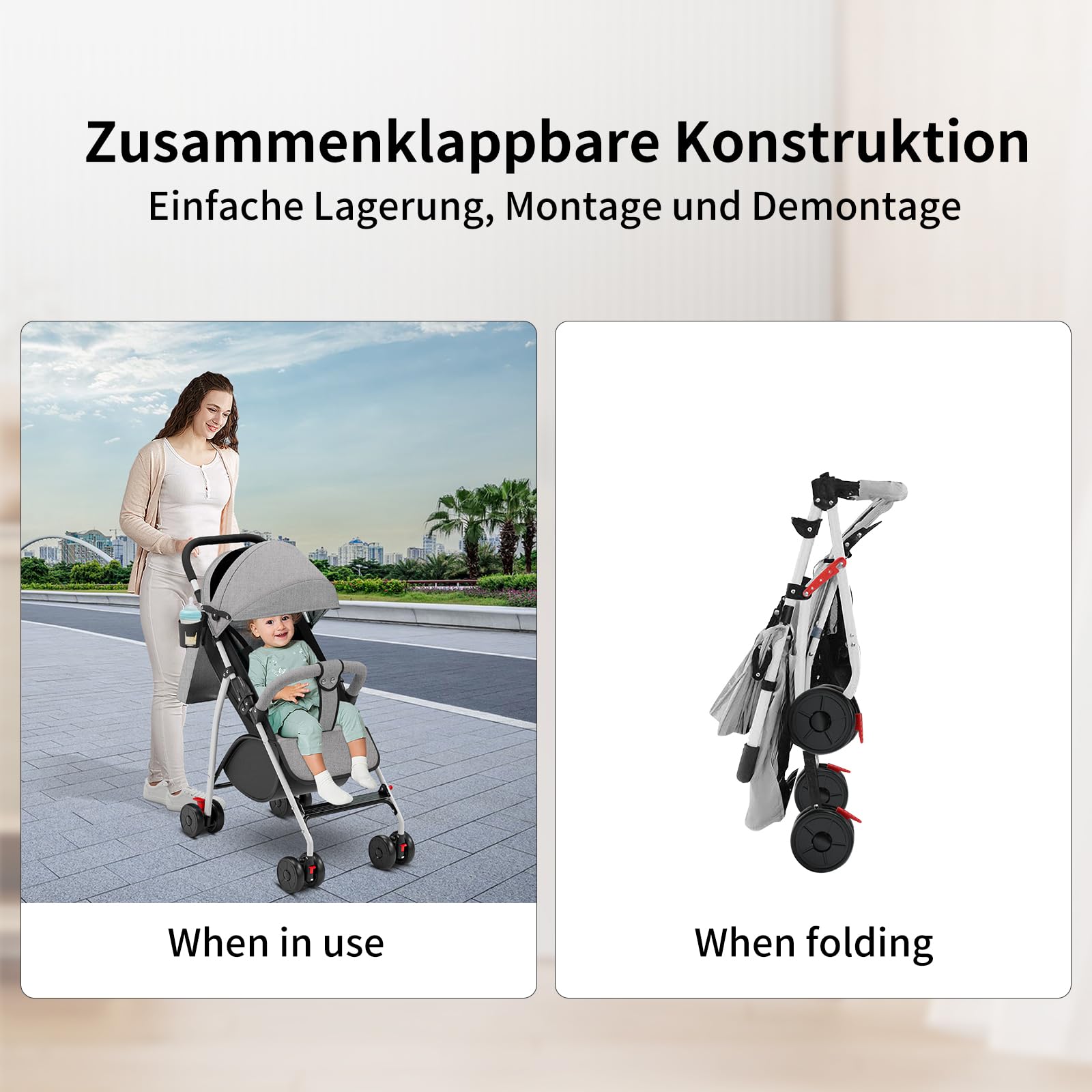 OHMG Buggy Kinderwagen ab 6 Monate bis 4 Jahre,stroller,Baby Sportwagen,Leichtes Kinderwagen-Buggy,PU-Räder,5-Punkt-Gurt,Faltbar,Moskitonetz,Getränkehalter,bis 22 kg (C-Grau)
