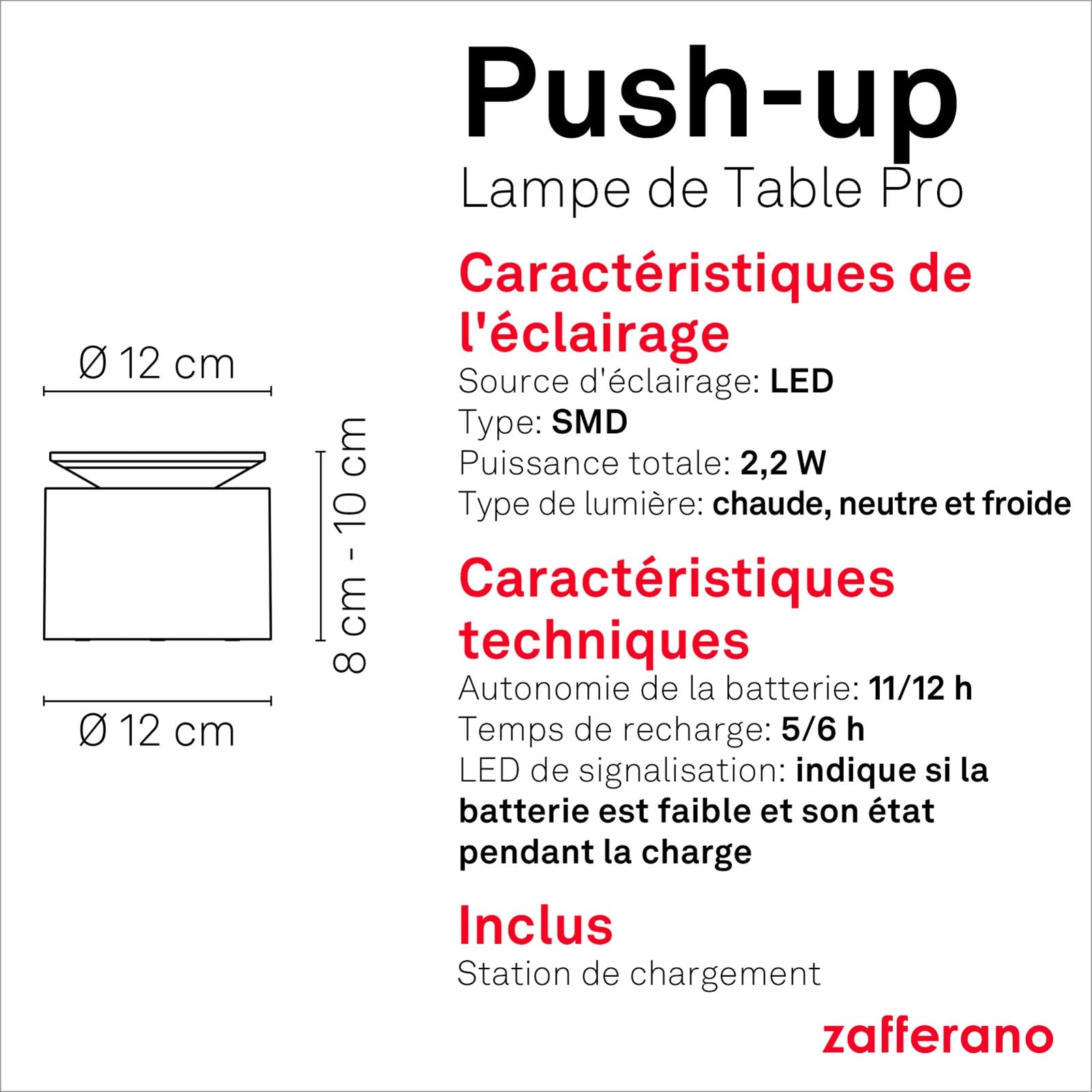 Zafferano, Lampe Push-Up, Lampe de Table Rechargeable et Sans Fil avec Contrôle Tactile, Utilisable également comme Lampe d'Extérieur, Dimmer 2200-3000 K, Hauteur 80-100 cm, Couleur Corten