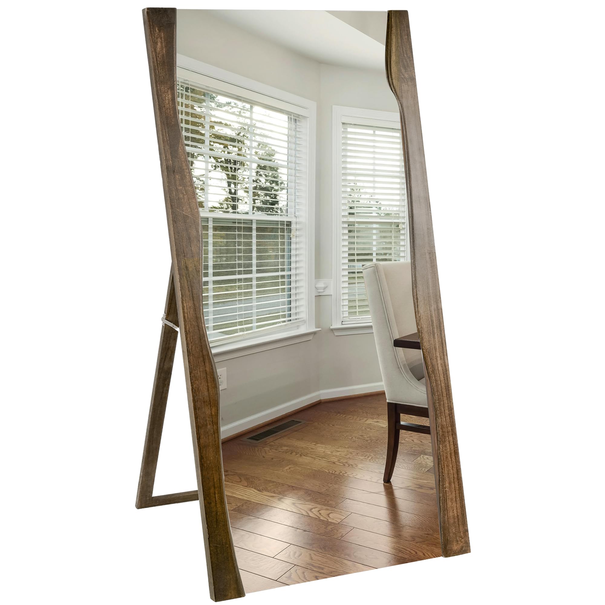 Wood Wall Mirror with Stand 24x47Inches, Wood Framed Large Wall Mirror for Bathroom Bedroom Living Room,Tempered Glass Shatter-Proof Mirror(Brown)