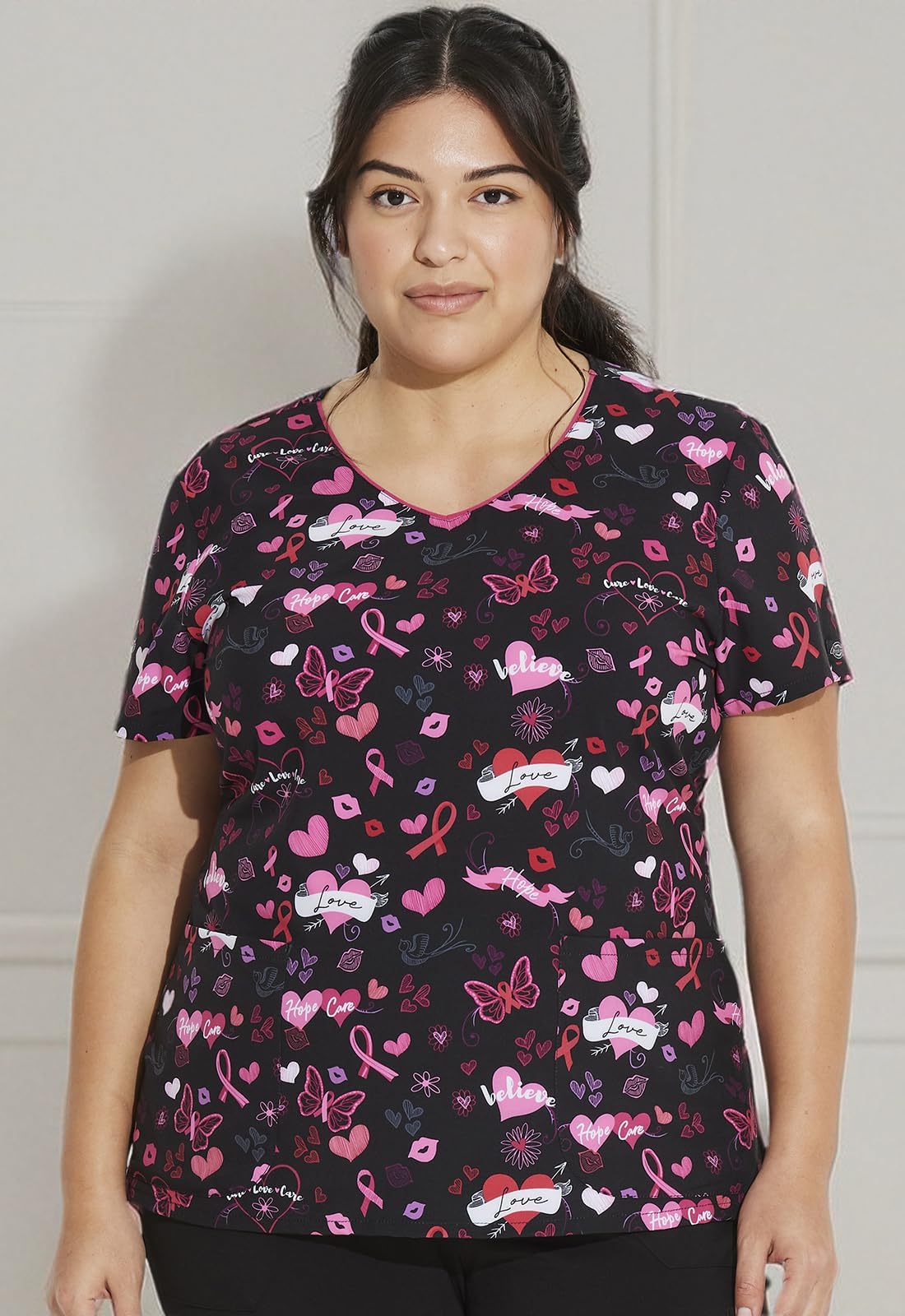 Dickies EDS Prints DK852 Women's V-Neck Top, Americana Heart