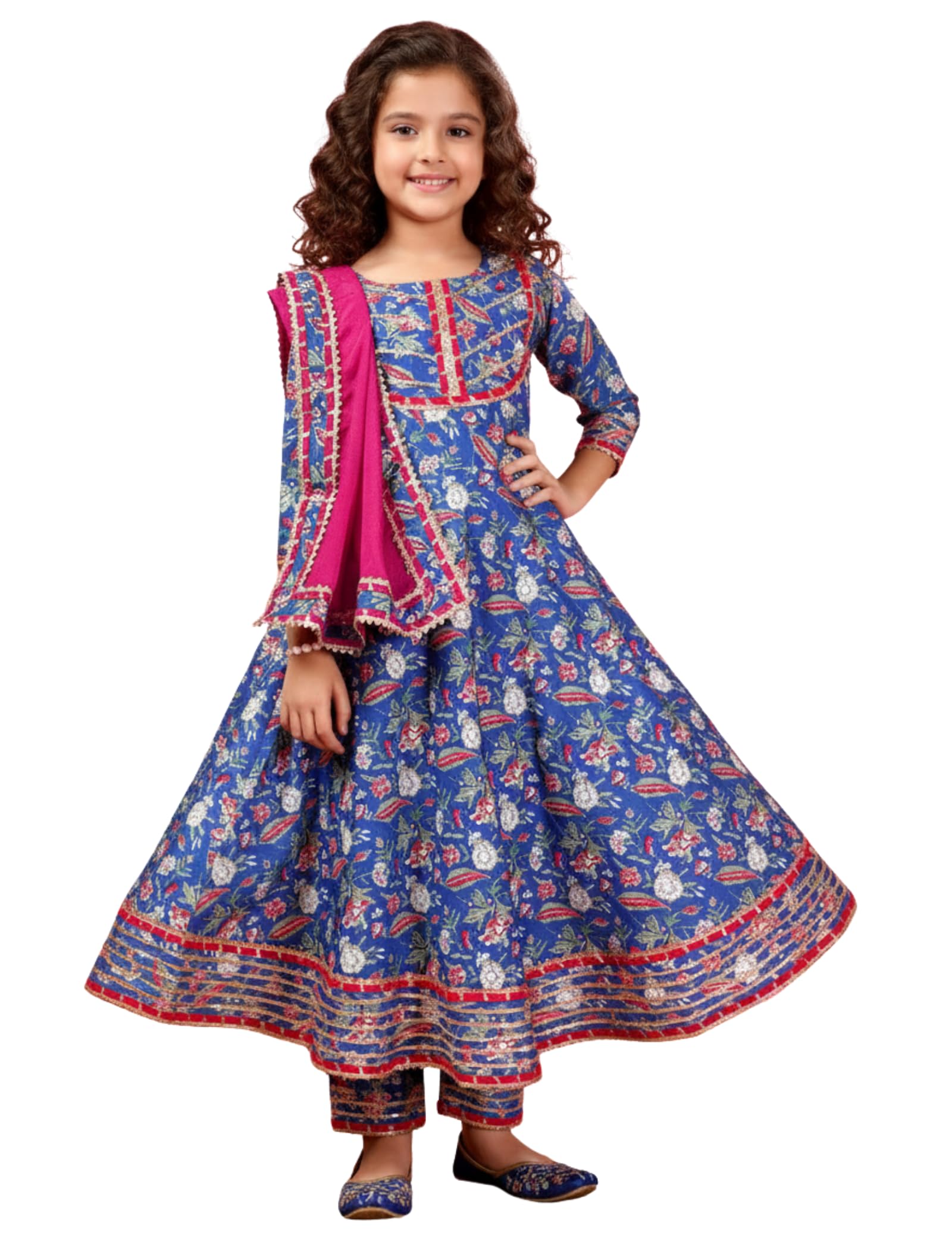 Naixa Girl's Rayon Floral Pattern Anarkali Dress Dhoti Dupatta Set with 3/4 Sleeve Round Neck Knee Length and Pull On Closure Type Fit & Flare| Dress for Girl's