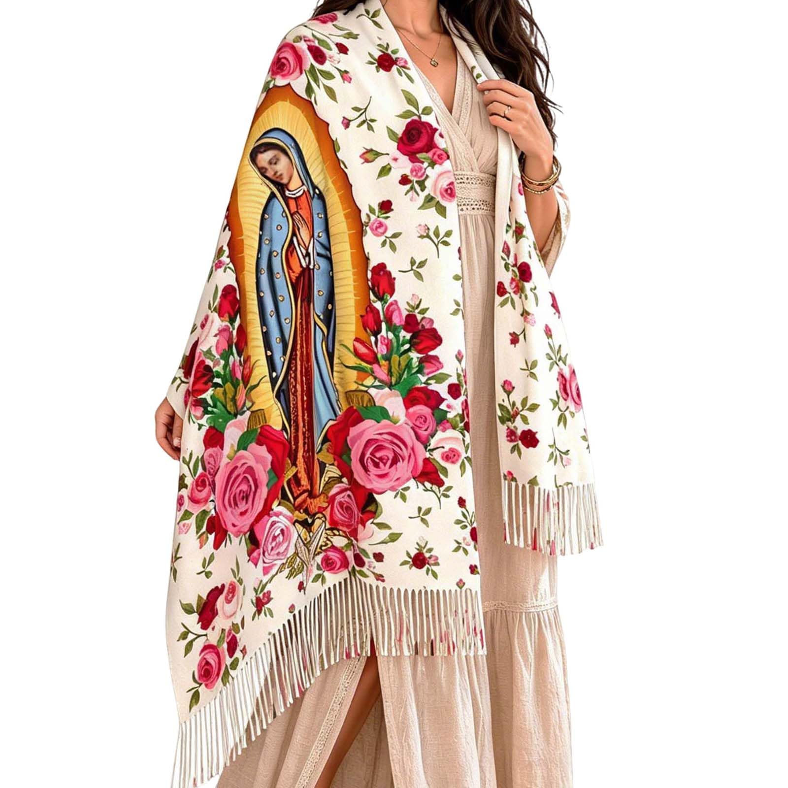Virgen de Guadalupe Women Blanket Scarf Shawls Virgin Mary Catholic Rose