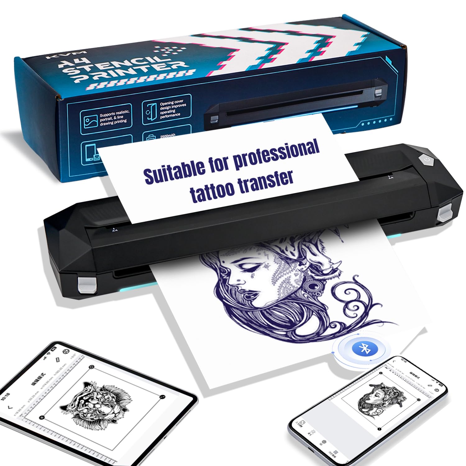 KVM Wireless Tattoo Bluetooth Thermal Stencil Printer Bluetooth or USB Interface Thermal Paper or Transfer Paper Printing Android & iOS & Windows Links Smart Printer for Tattoo Artists and Beginners